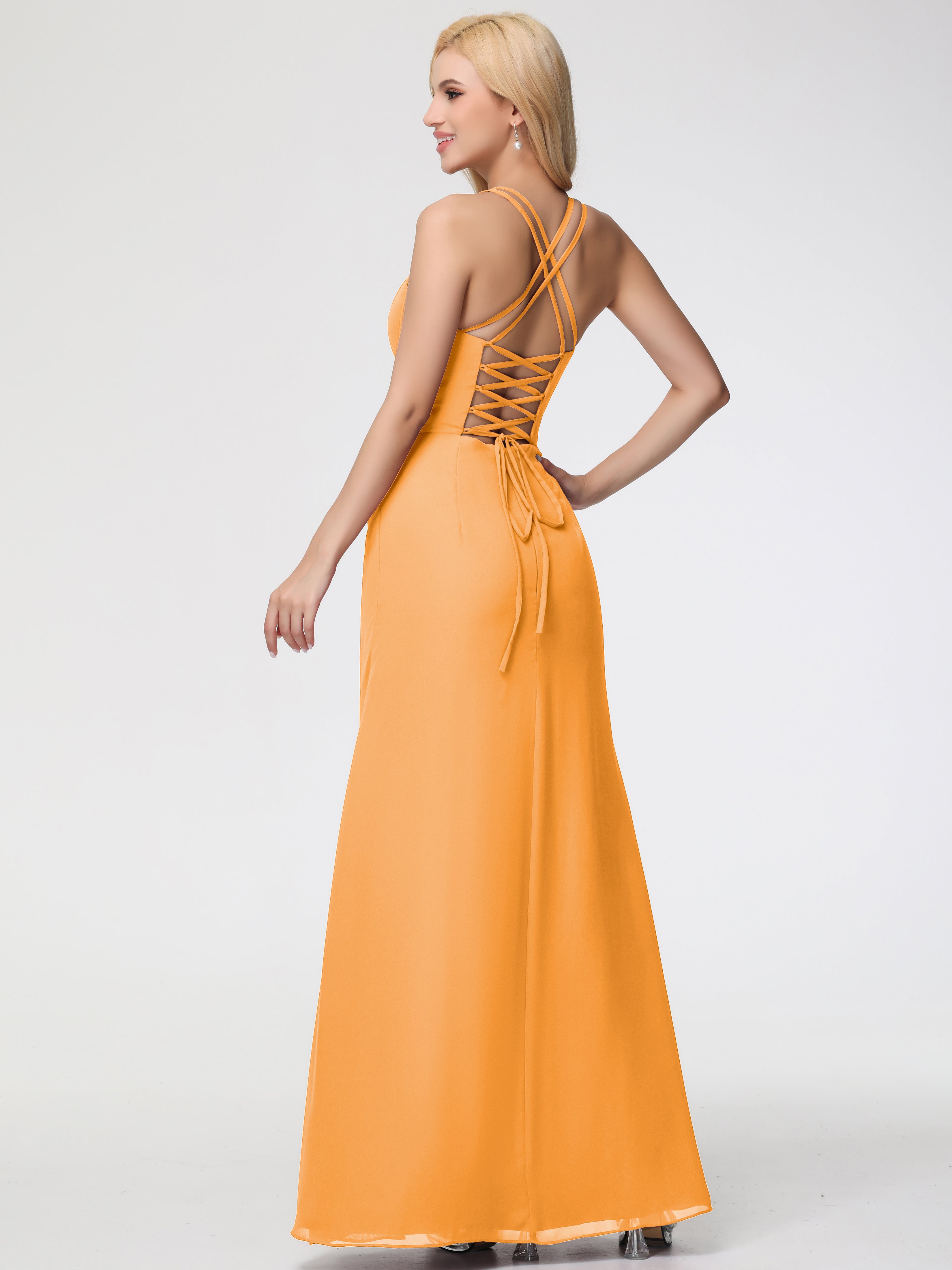 Spaghetti Straps Sheath/Column Long Chiffon Bridesmaid Dresses With Split (Copy)