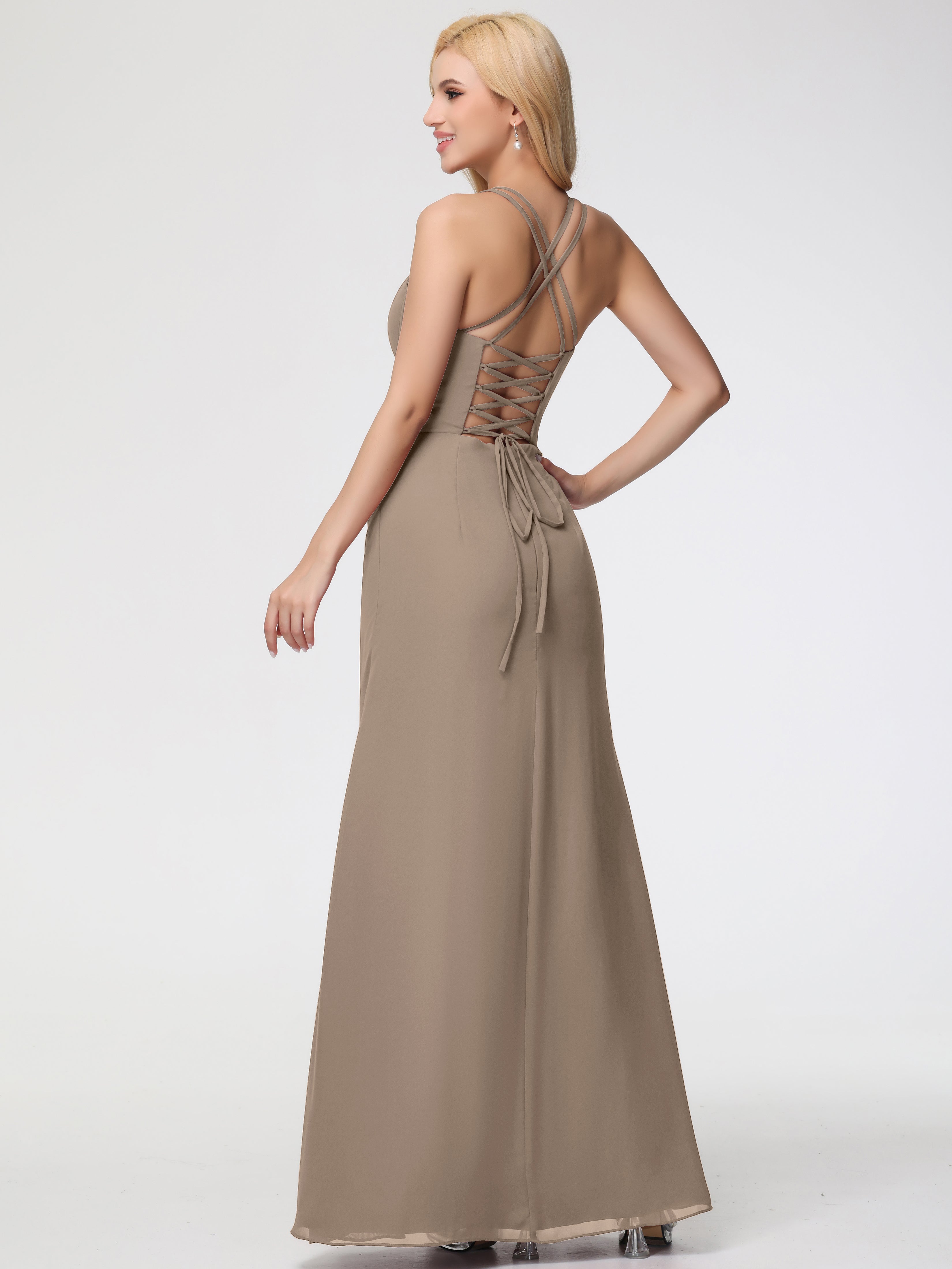 Spaghetti Straps Sheath/Column Long Chiffon Bridesmaid Dresses With Split (Copy)