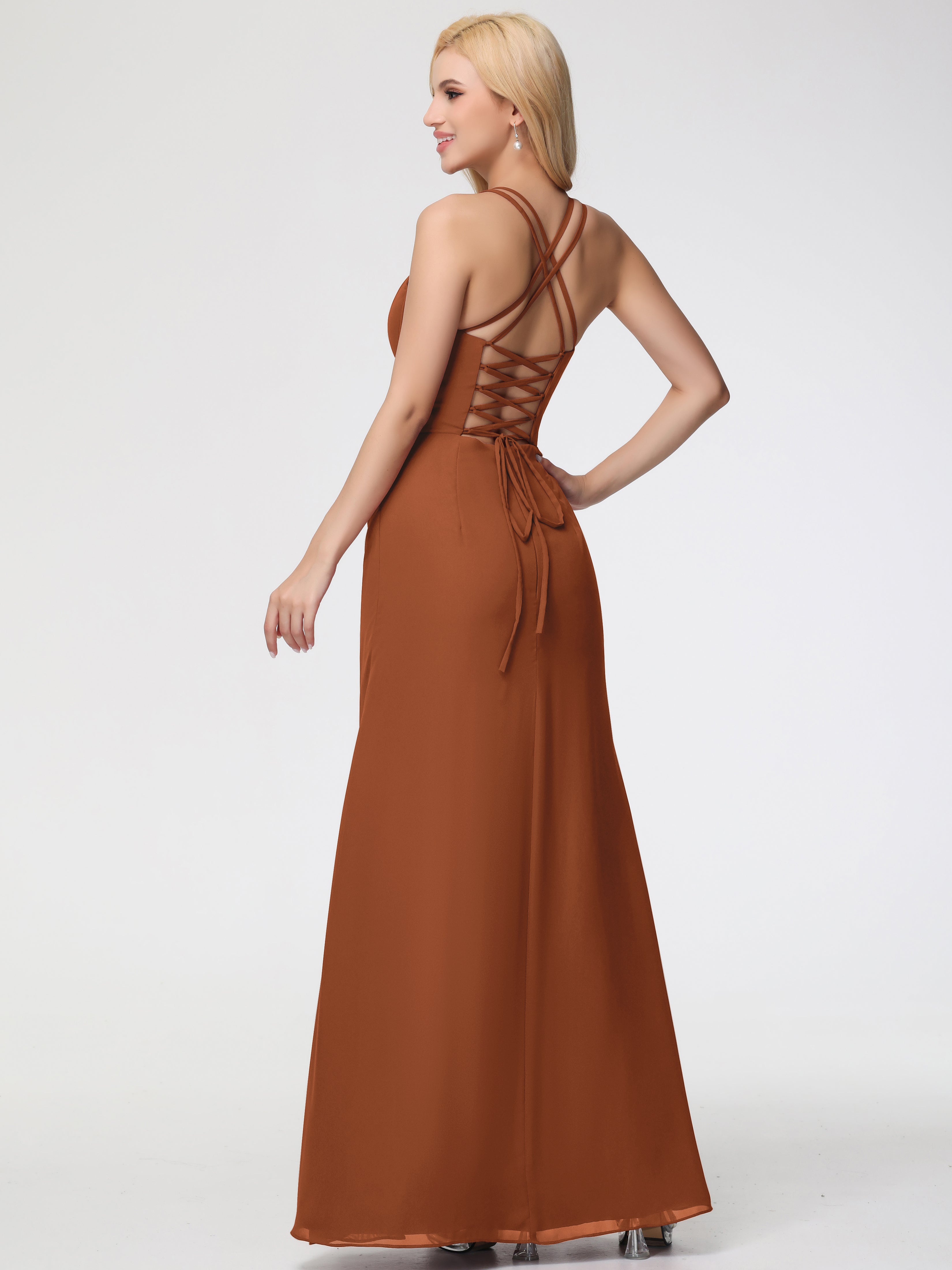 Spaghetti Straps Sheath/Column Long Chiffon Bridesmaid Dresses With Split (Copy)