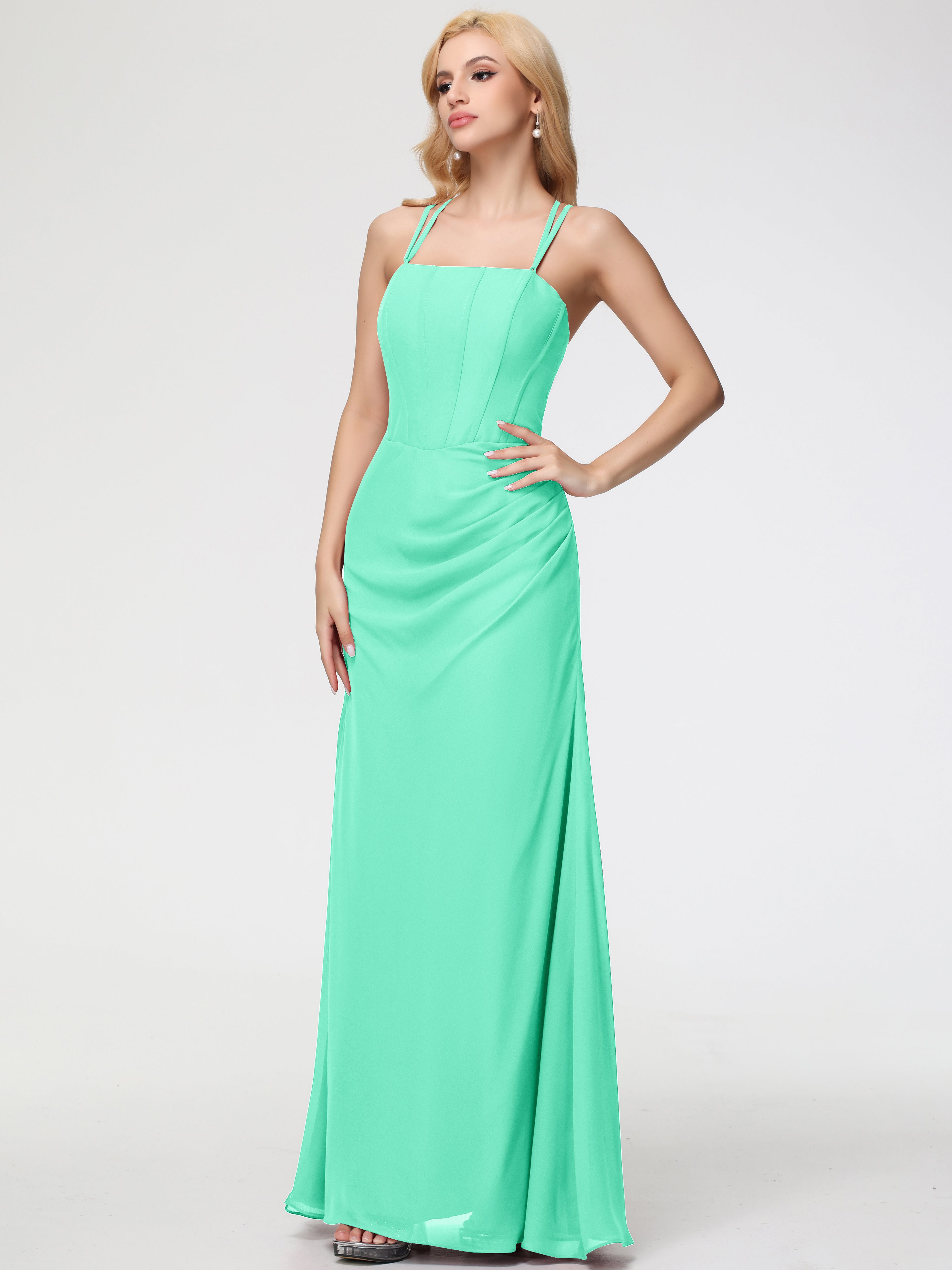 Spaghetti Straps Sheath/Column Long Chiffon Bridesmaid Dresses With Split (Copy)