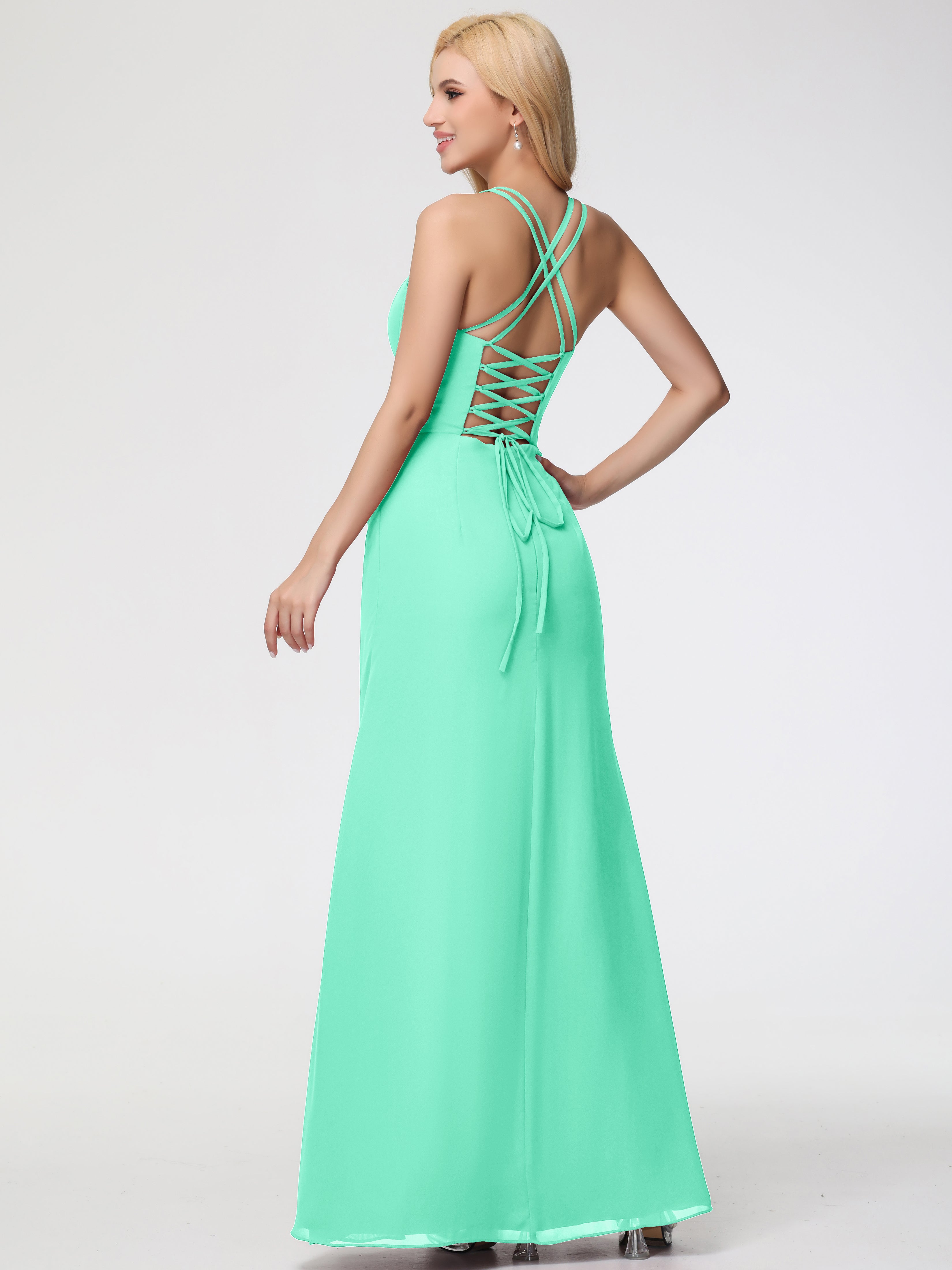 Spaghetti Straps Sheath/Column Long Chiffon Bridesmaid Dresses With Split (Copy)