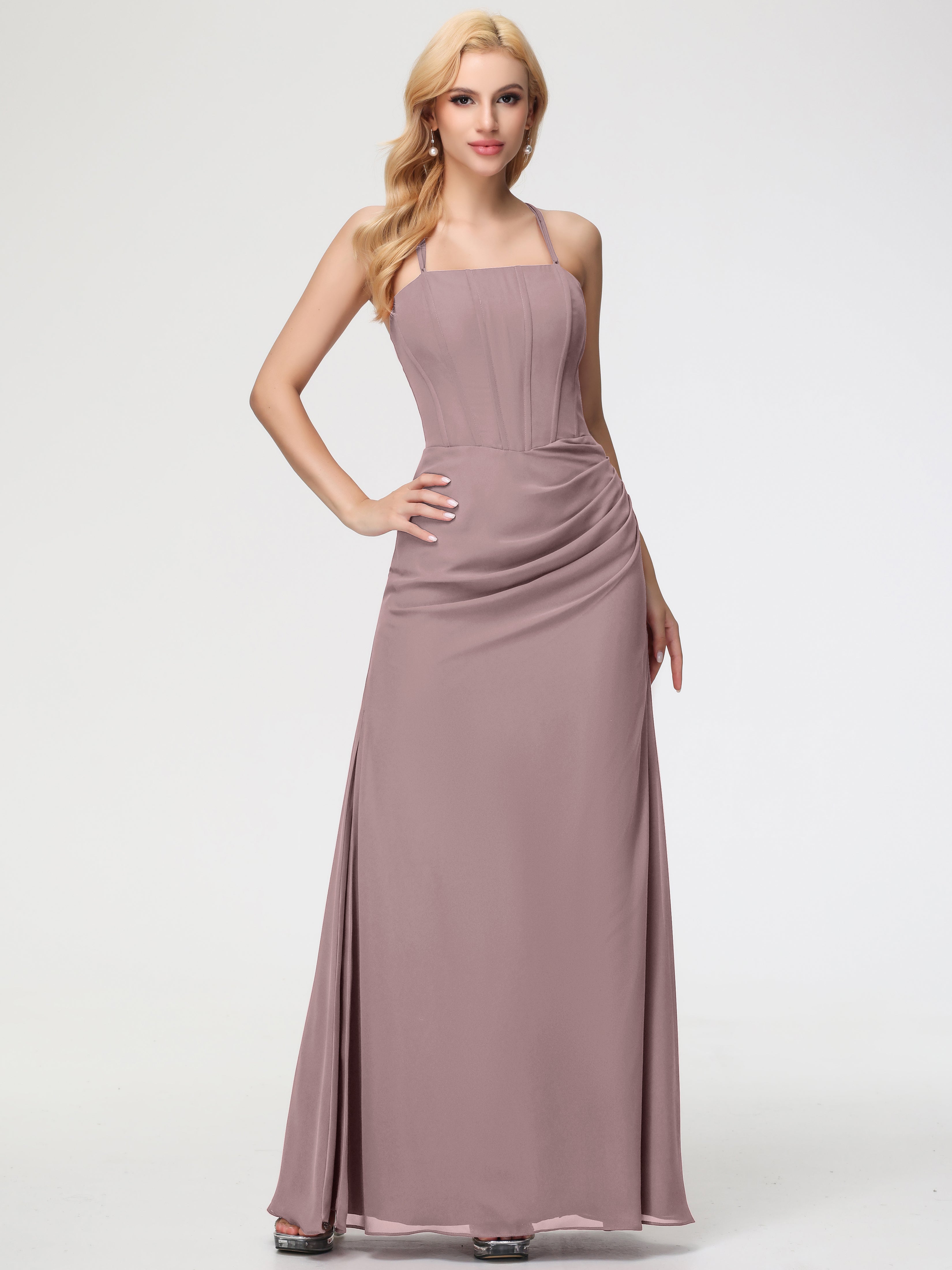 Spaghetti Straps Sheath/Column Long Chiffon Bridesmaid Dresses With Split (Copy)