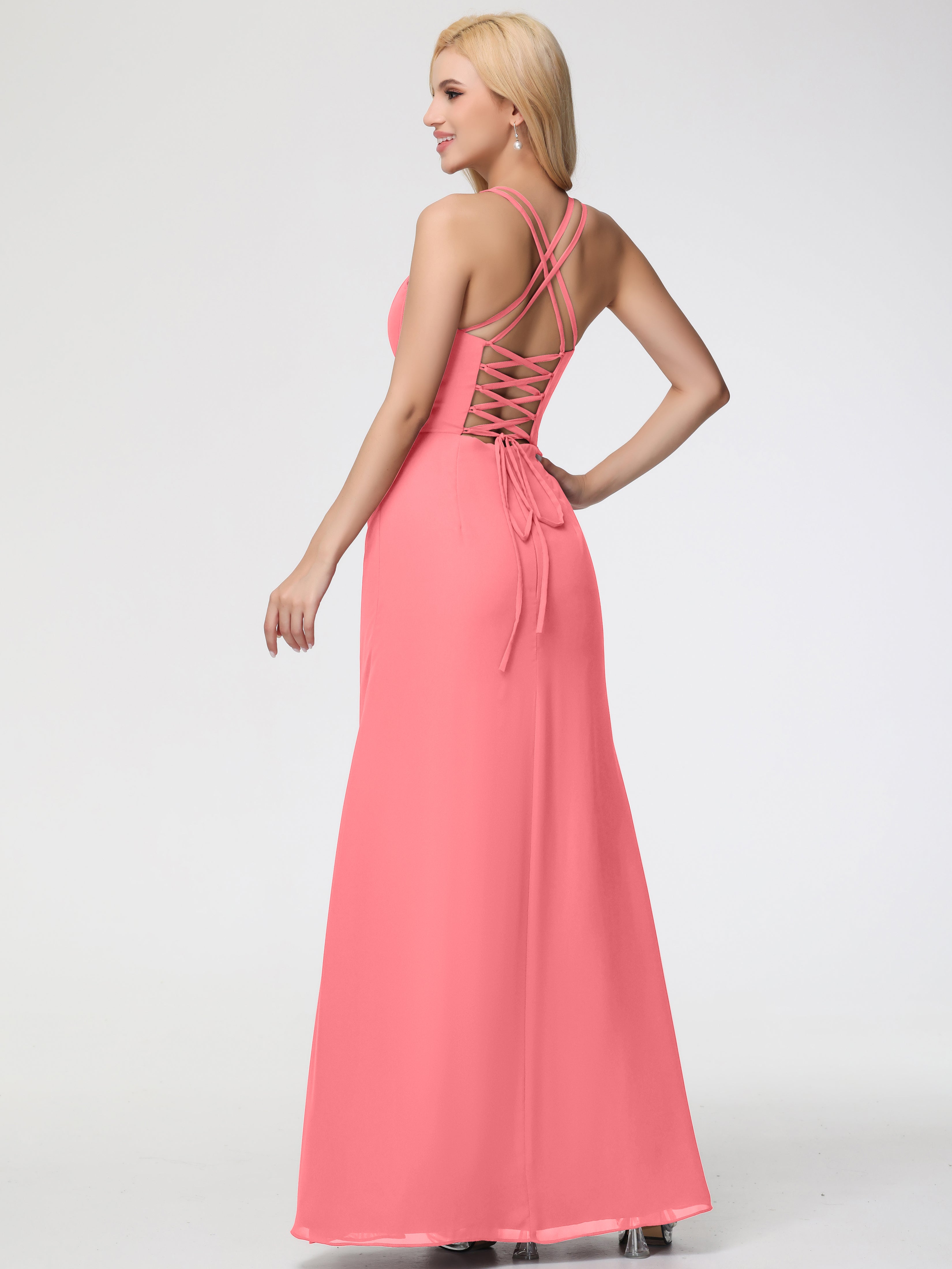 Spaghetti Straps Sheath/Column Long Chiffon Bridesmaid Dresses With Split (Copy)