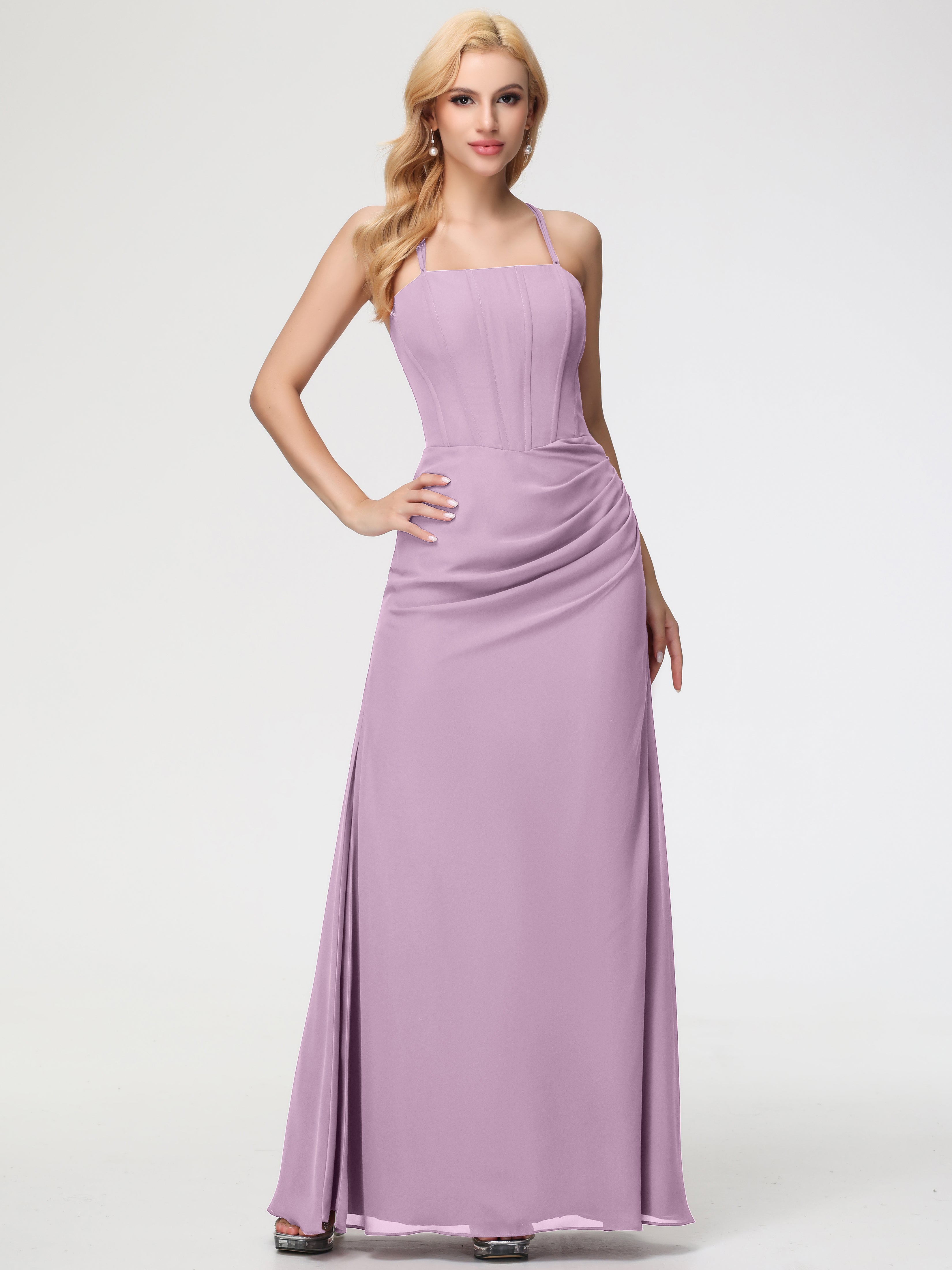 Spaghetti Straps Sheath/Column Long Chiffon Bridesmaid Dresses With Split (Copy)