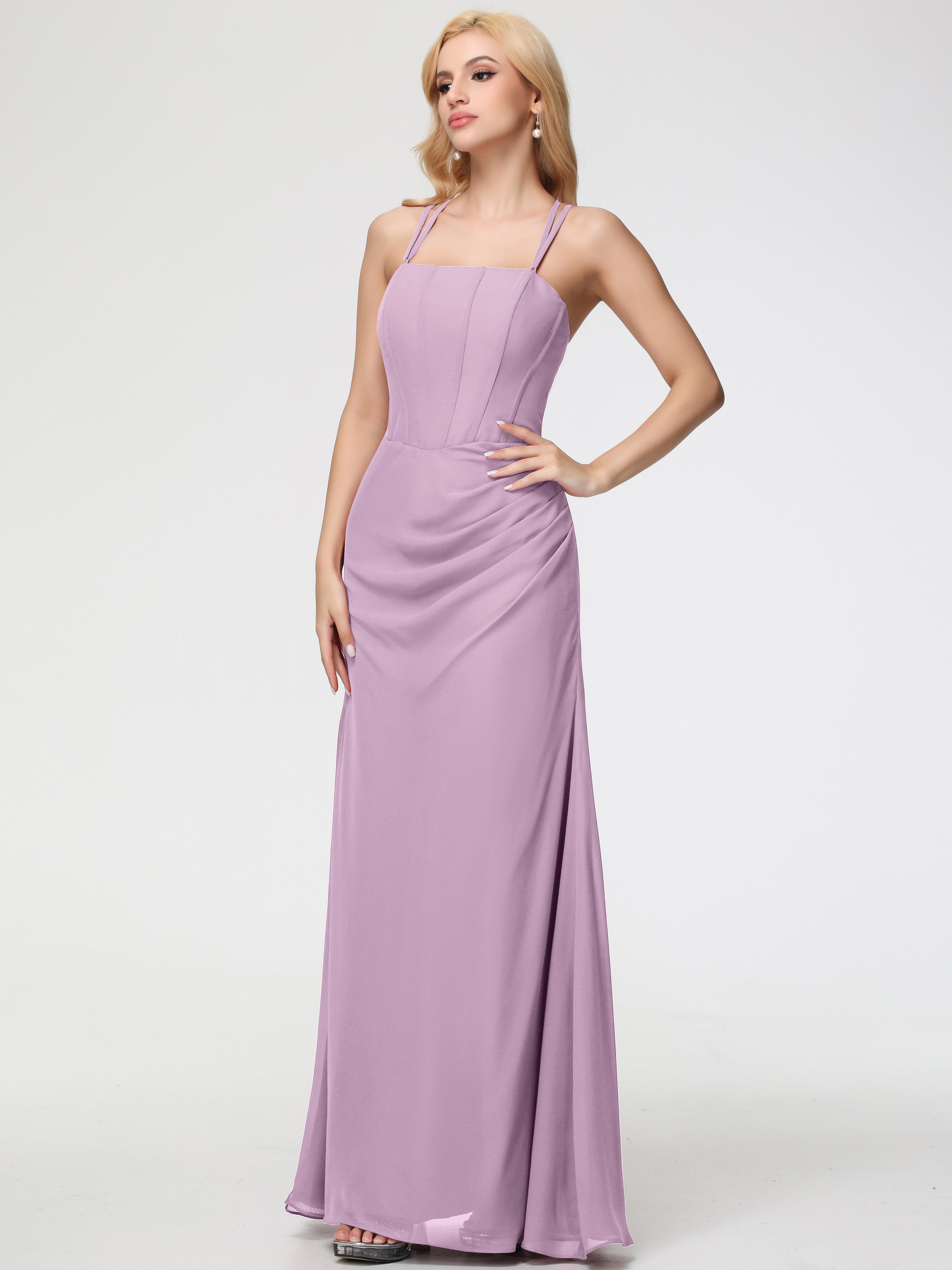Spaghetti Straps Sheath/Column Long Chiffon Bridesmaid Dresses With Split (Copy)