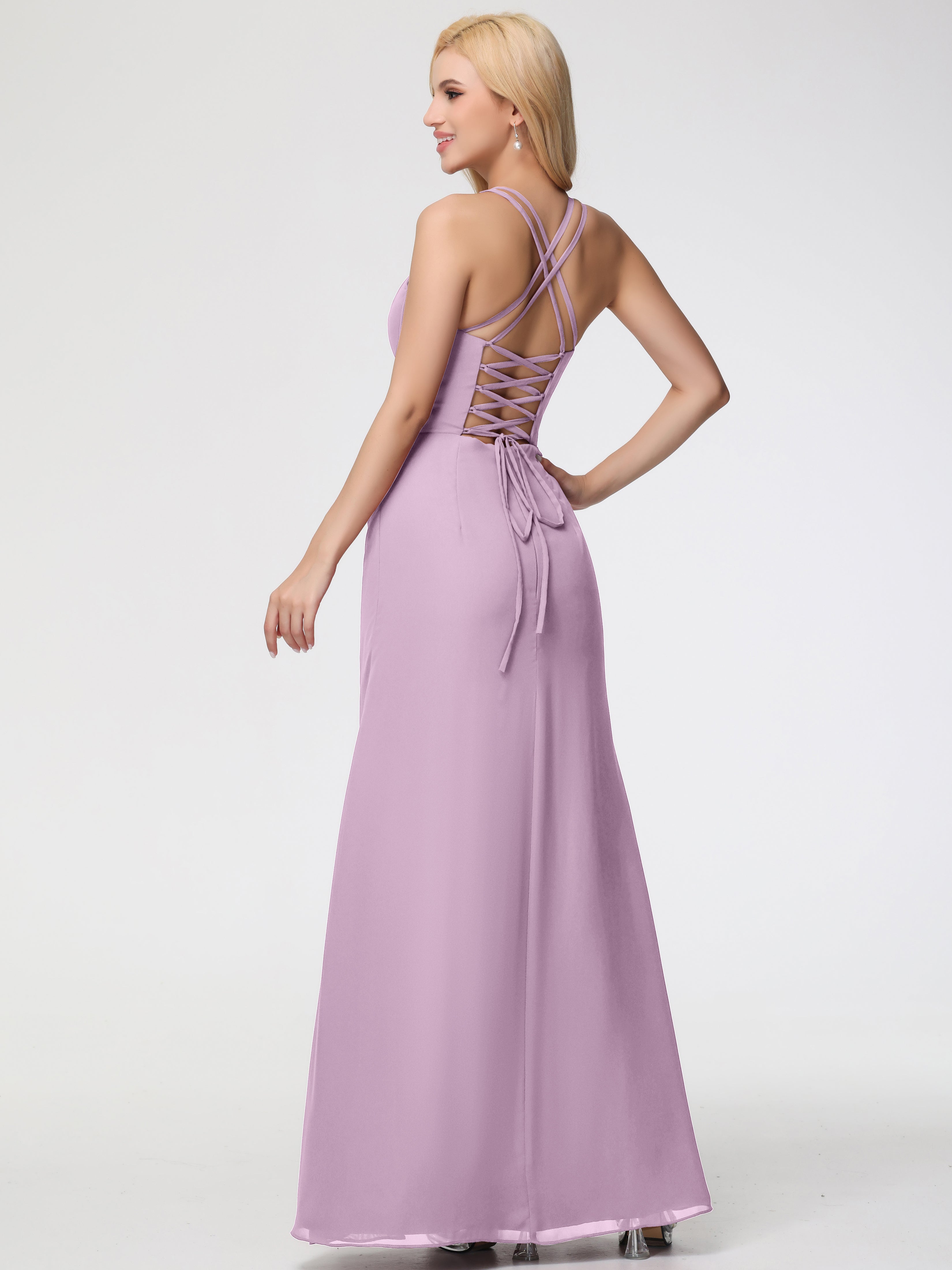 Spaghetti Straps Sheath/Column Long Chiffon Bridesmaid Dresses With Split (Copy)