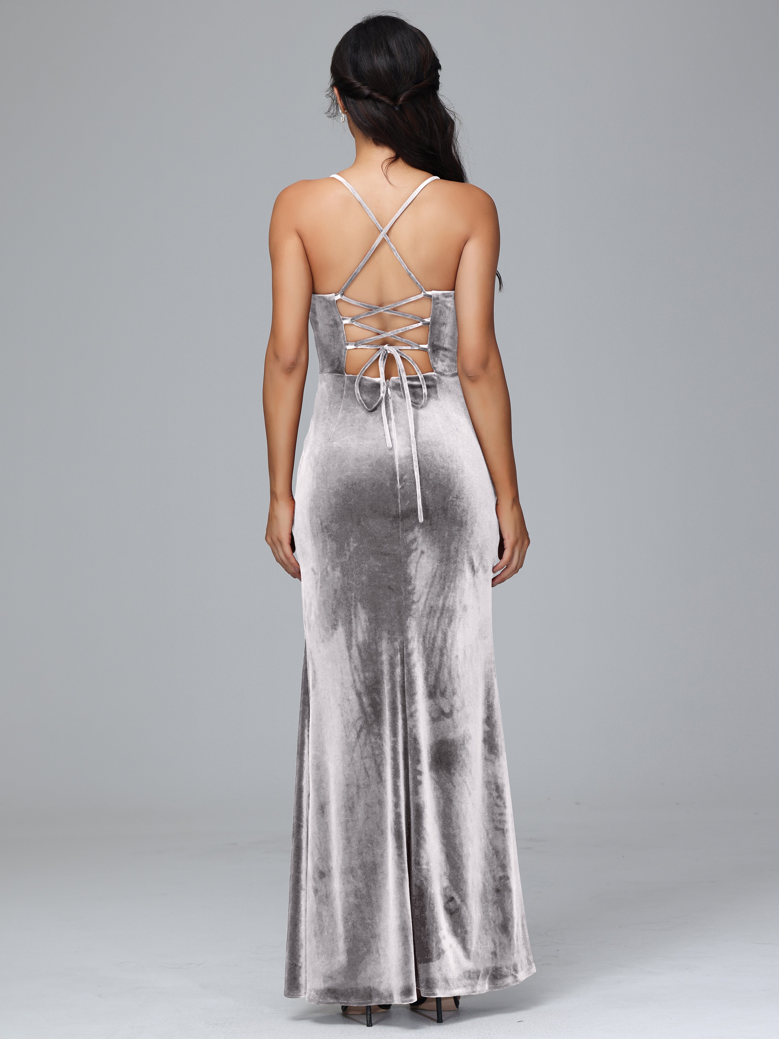 Spaghetti Criss-Cross Straps Velvet Bridesmaid Dresses With Split