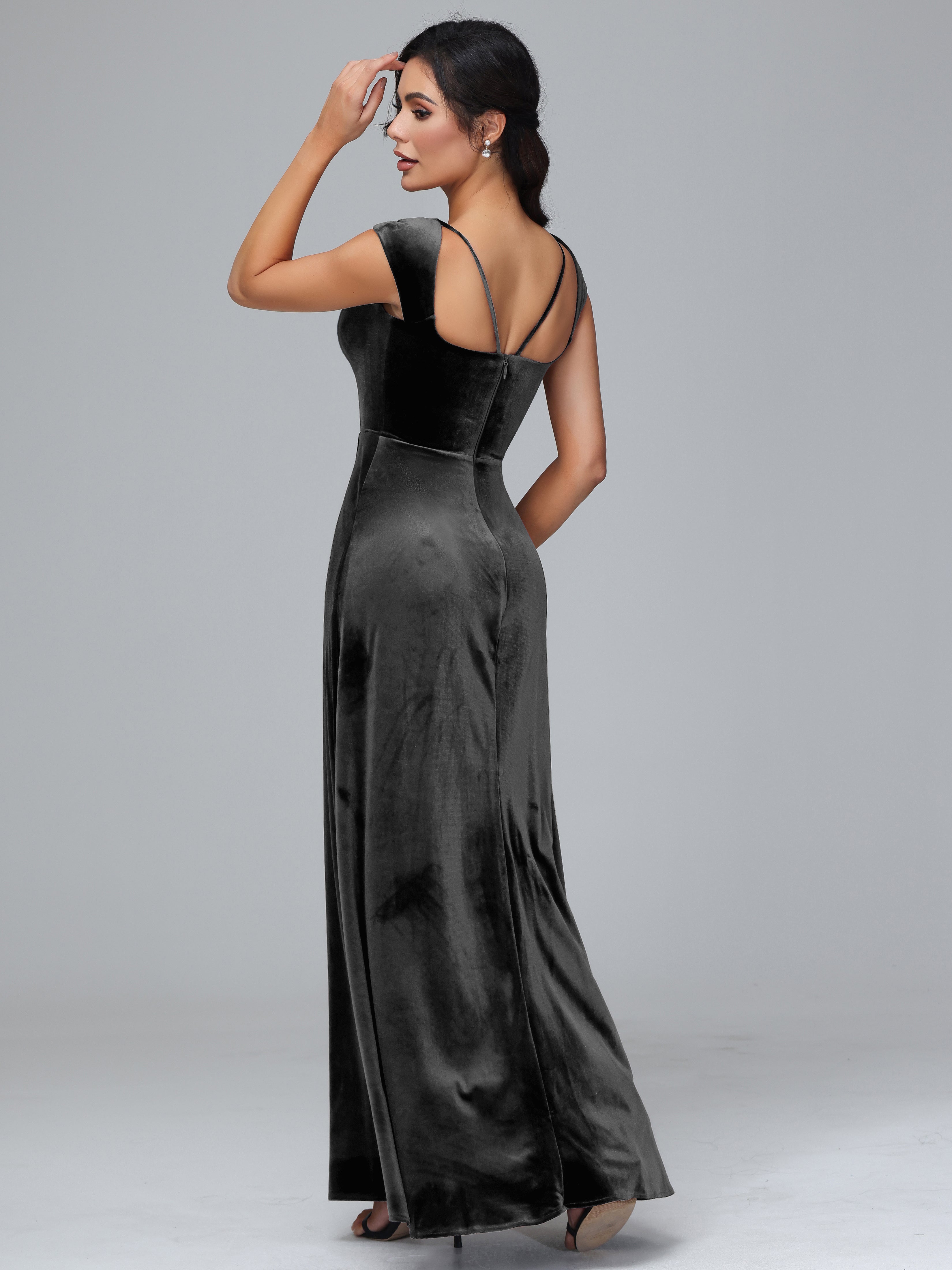 Scoop Neck Long Velvet Bridesmaid Dresses With Split