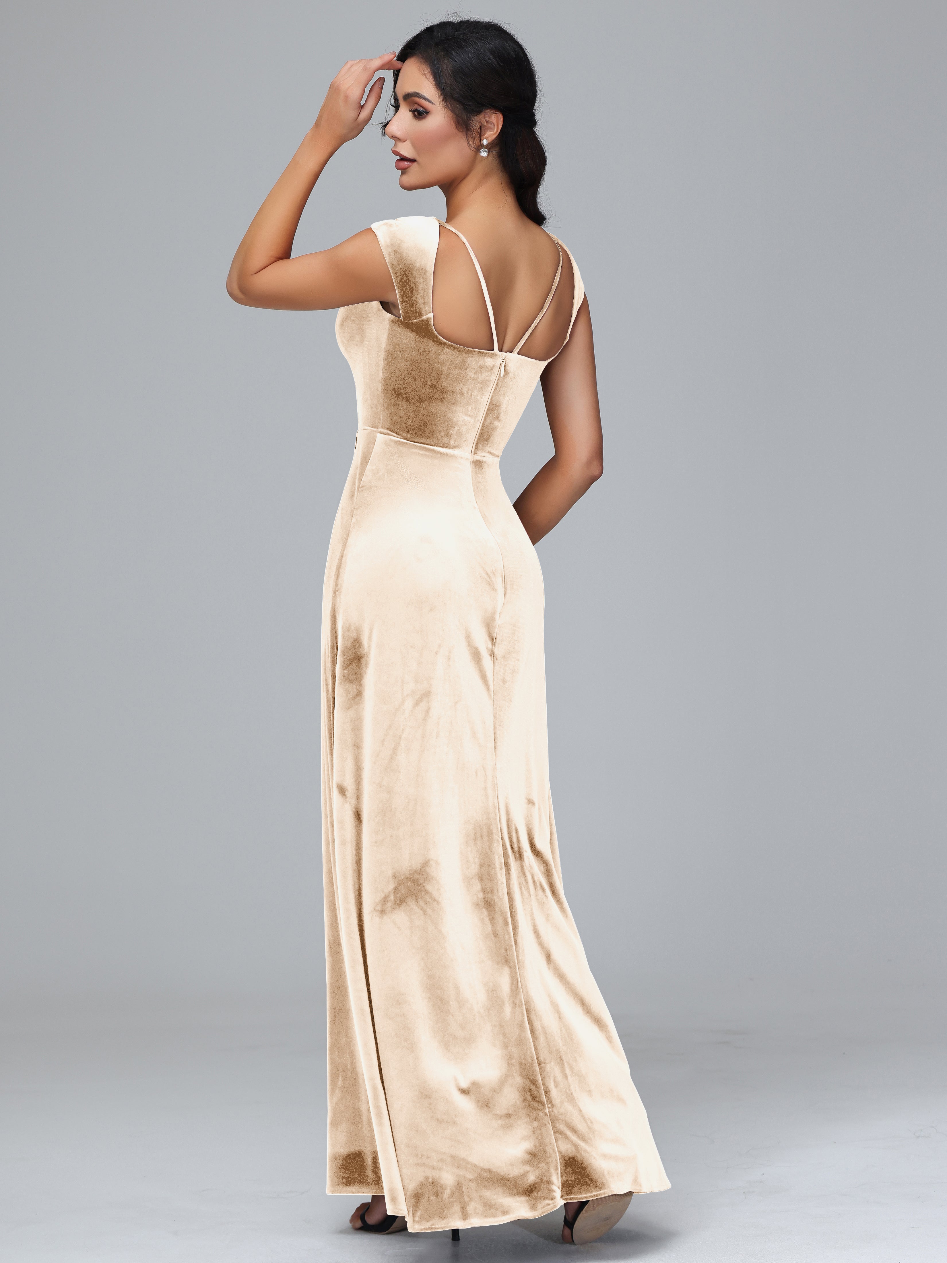 Scoop Neck Long Velvet Bridesmaid Dresses With Split