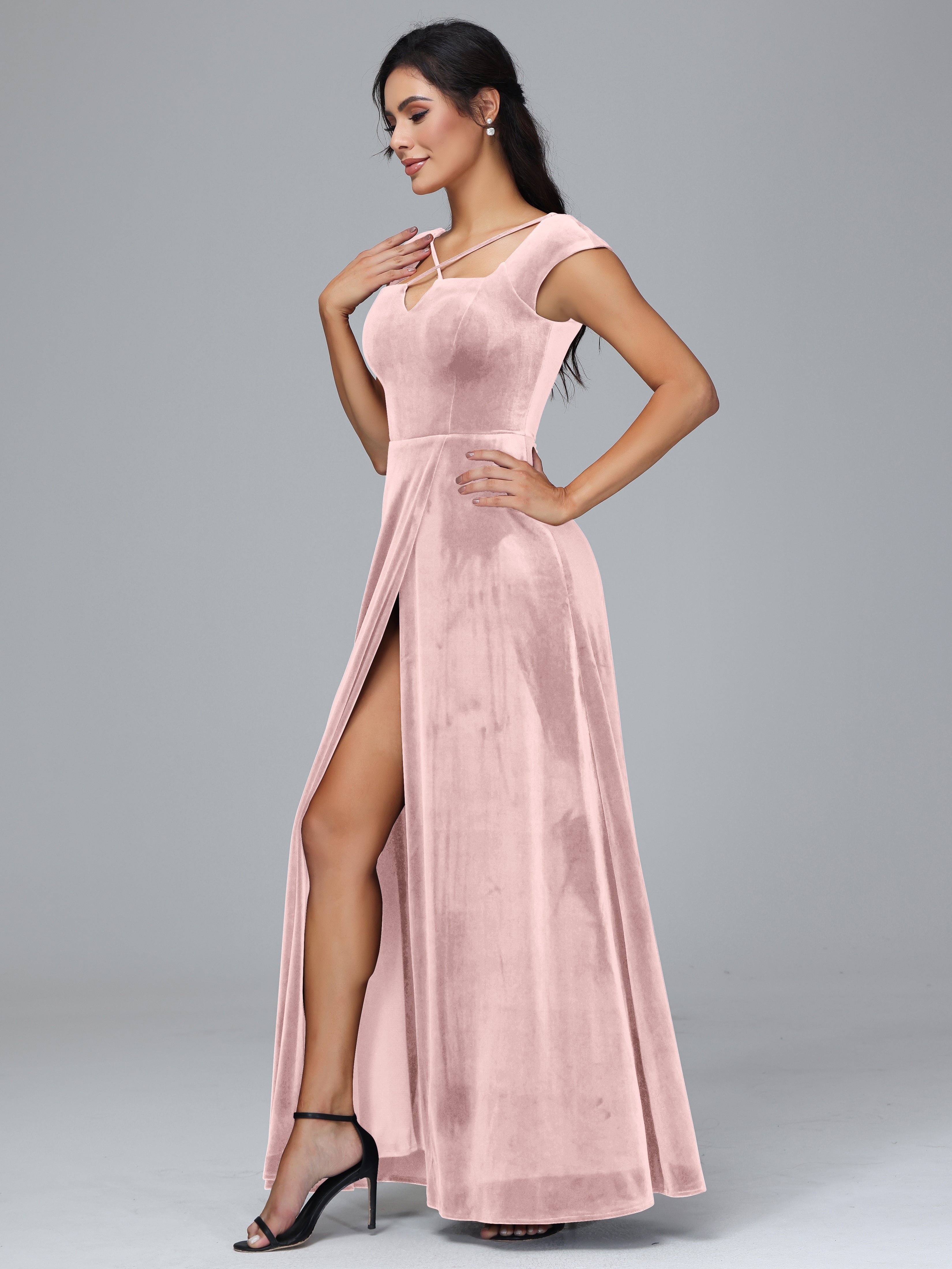 Scoop Neck Long Velvet Bridesmaid Dresses With Split