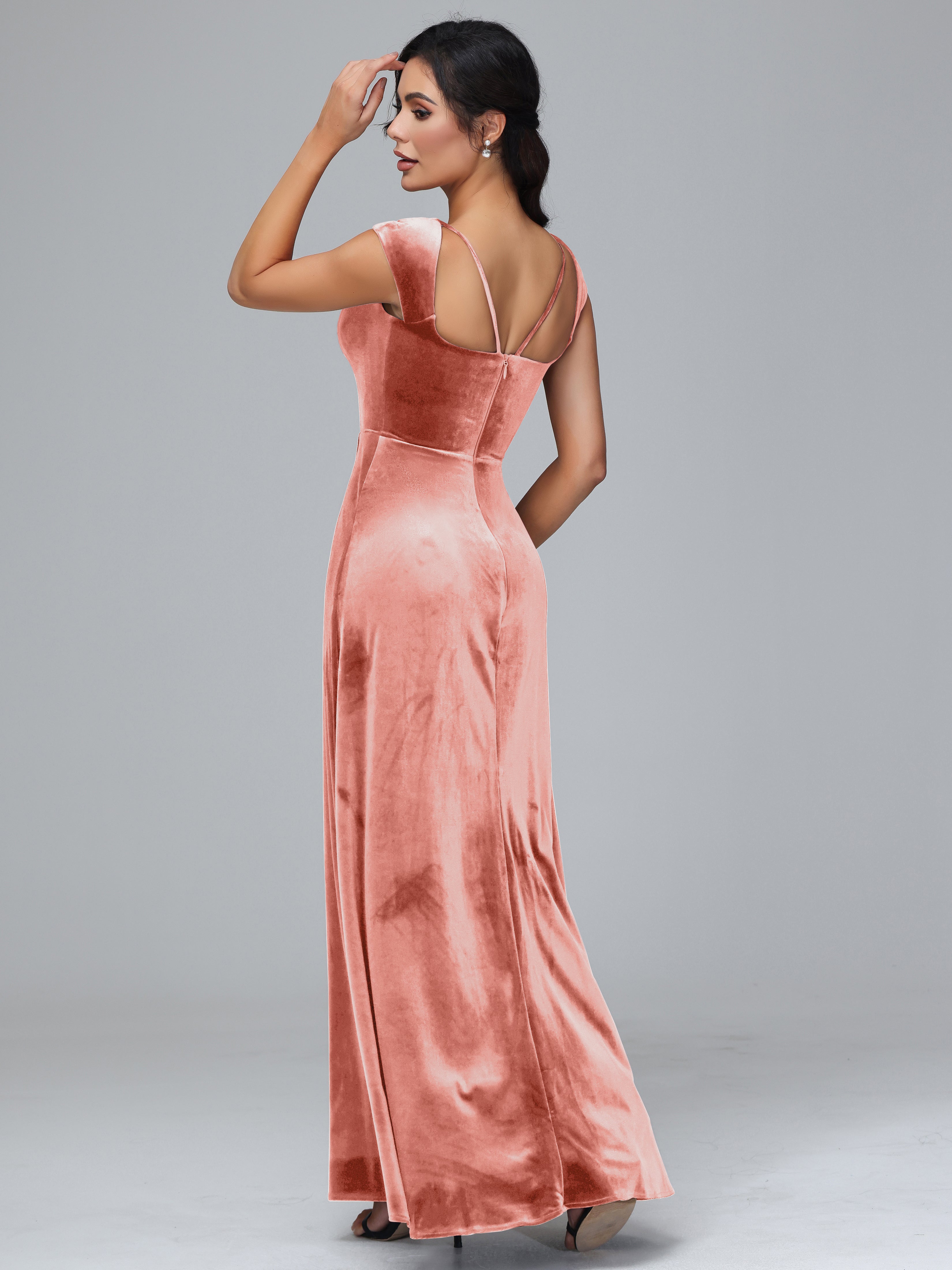 Scoop Neck Long Velvet Bridesmaid Dresses With Split