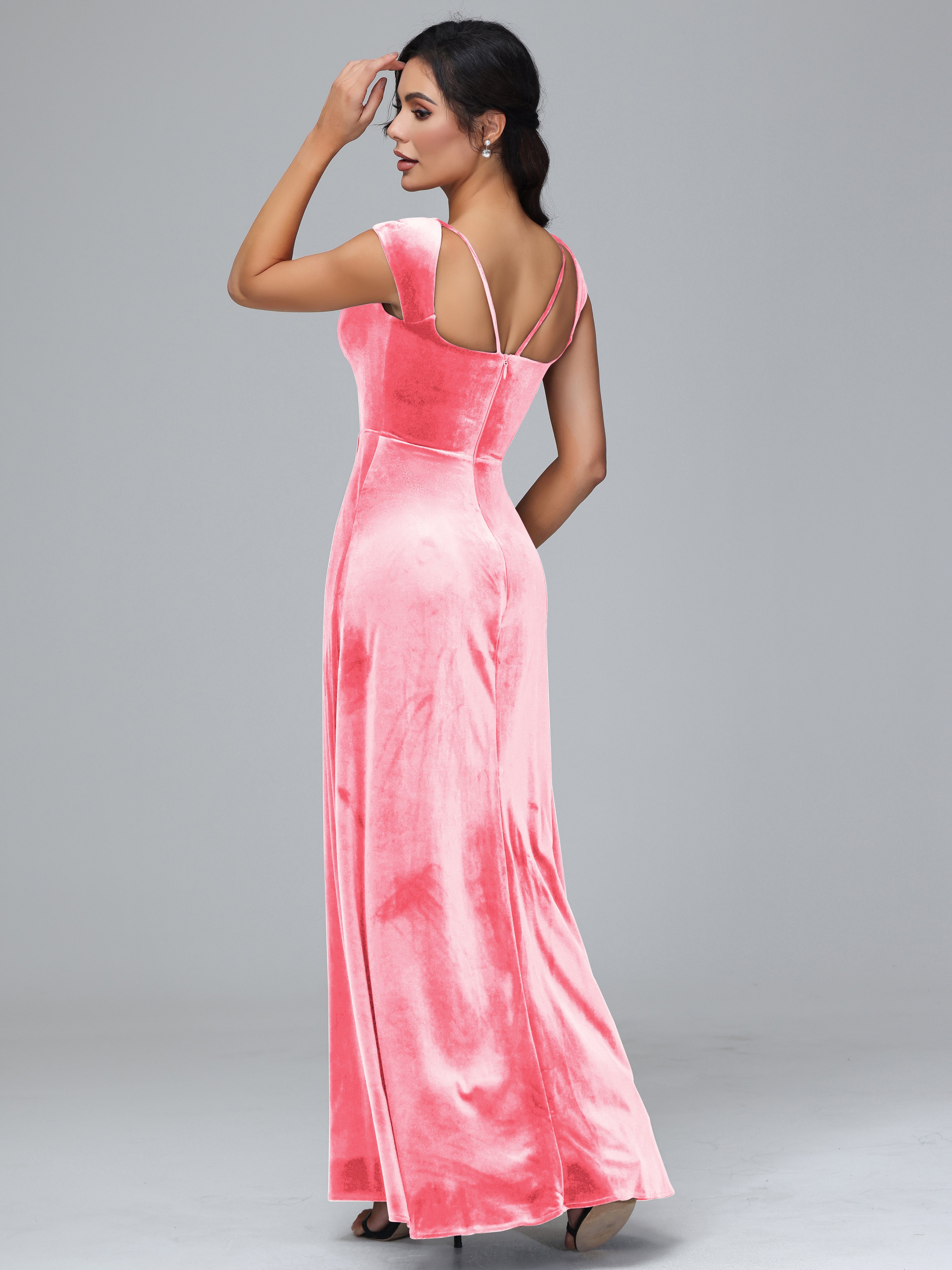 Scoop Neck Long Velvet Bridesmaid Dresses With Split