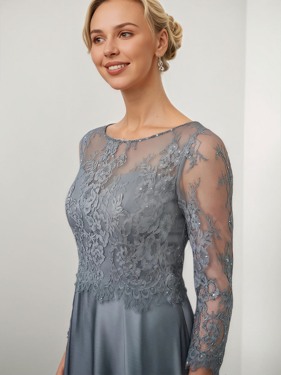 Cicinia Grey Mother Of The Bride Dresses Soft Satin Illusion Lace A-Line Long Floor Length