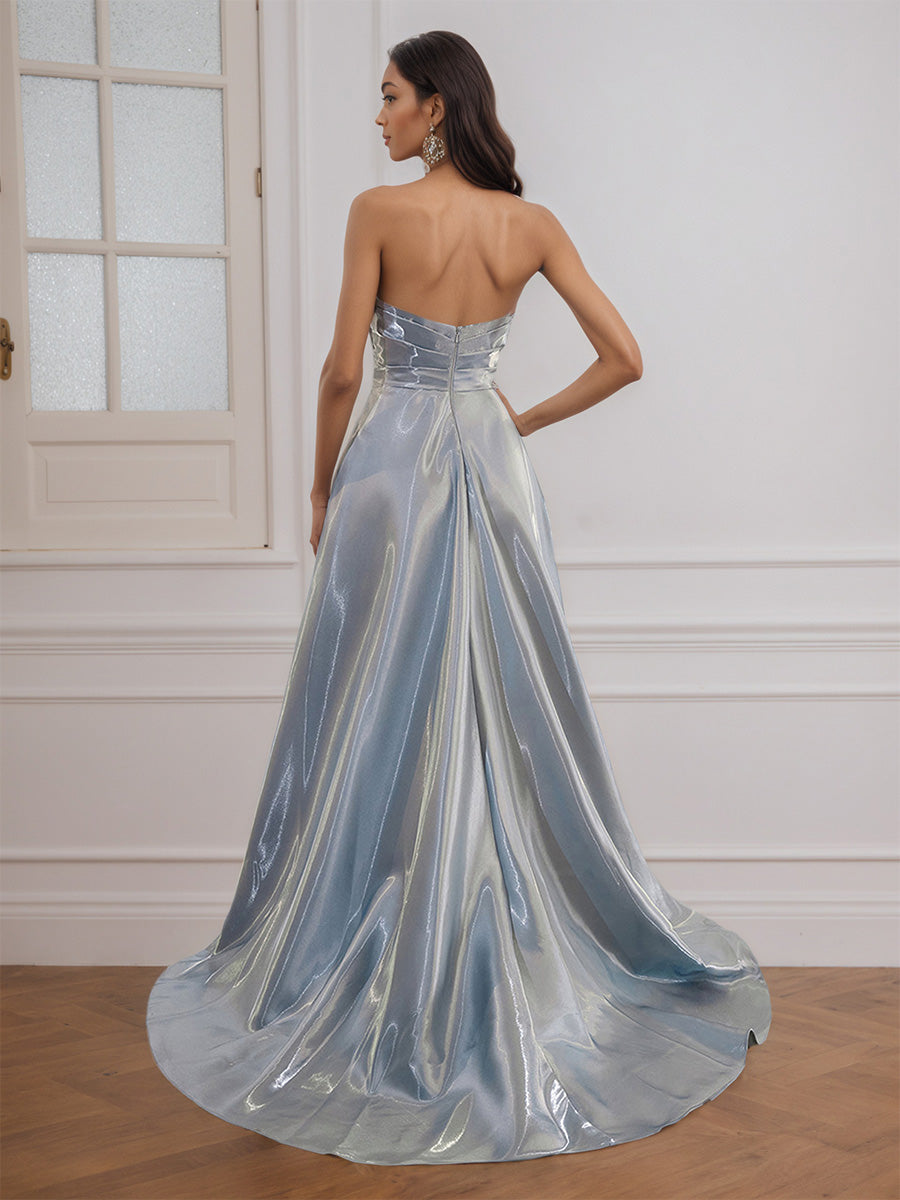 Cicinia Silver Strapless Prom Dress A-Line Long Glitter Liquid Satin Evening Gown