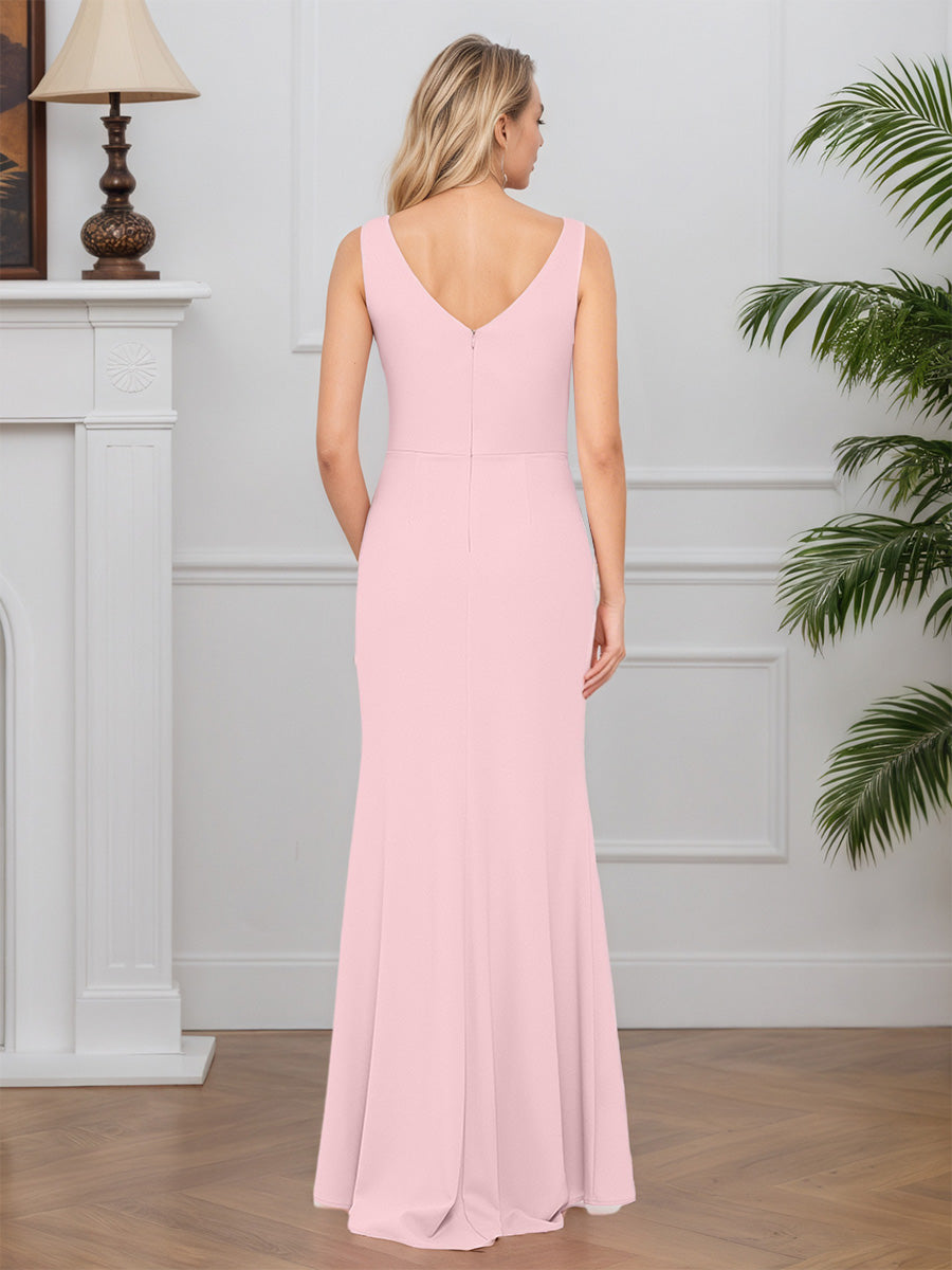Cicinia Pink Mother Of The Bride Dress Stretch Fabric Ruffle Side Sheath Slit Sweep Train
