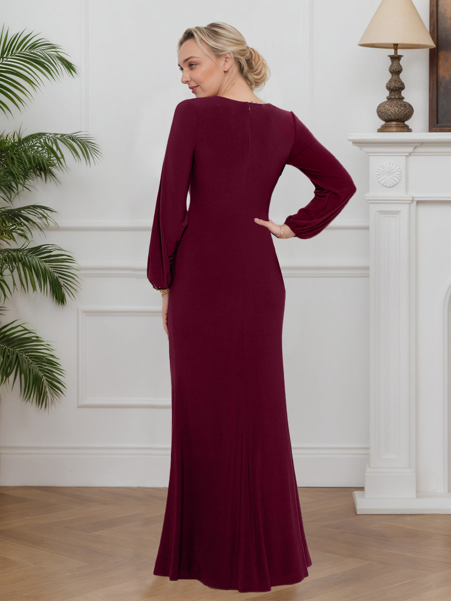 Cicinia Burgundy Mother Of The Bride Dresses Stretch Fabric Long Sleeves Sheath V-Neck