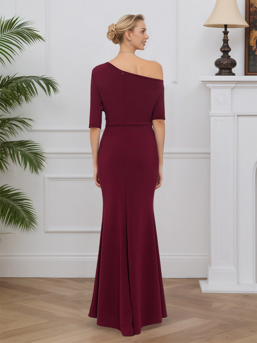 Cicinia Burgundy Mother Of The Bride Dress Stretch Fabric Sheath Asymmetric Neckline Half Sleeves