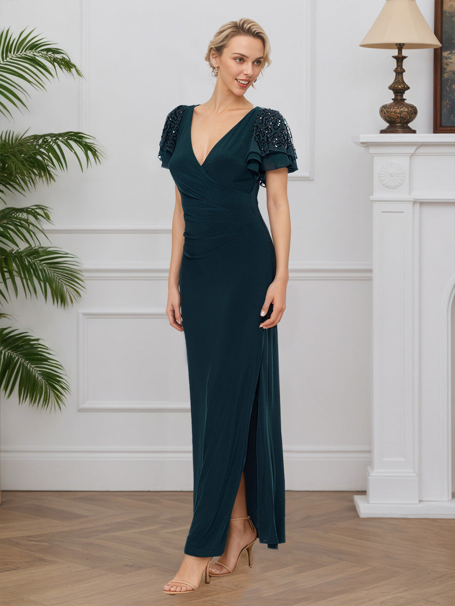 Cicinia Peacock Mother Of The Bride Dresses Stretch Fabric Lace Sheath V-Neck Short Sleeves