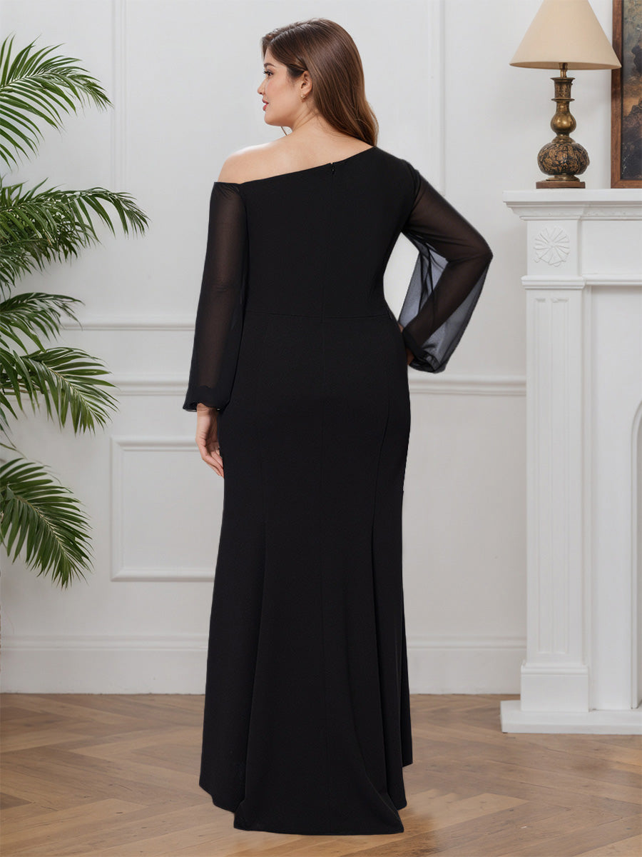 Cicinia Black Mother Of The Bride Dress Stretch Fabric Sheath Asymmetric Neckline Long Sleeves Slit Plus Size