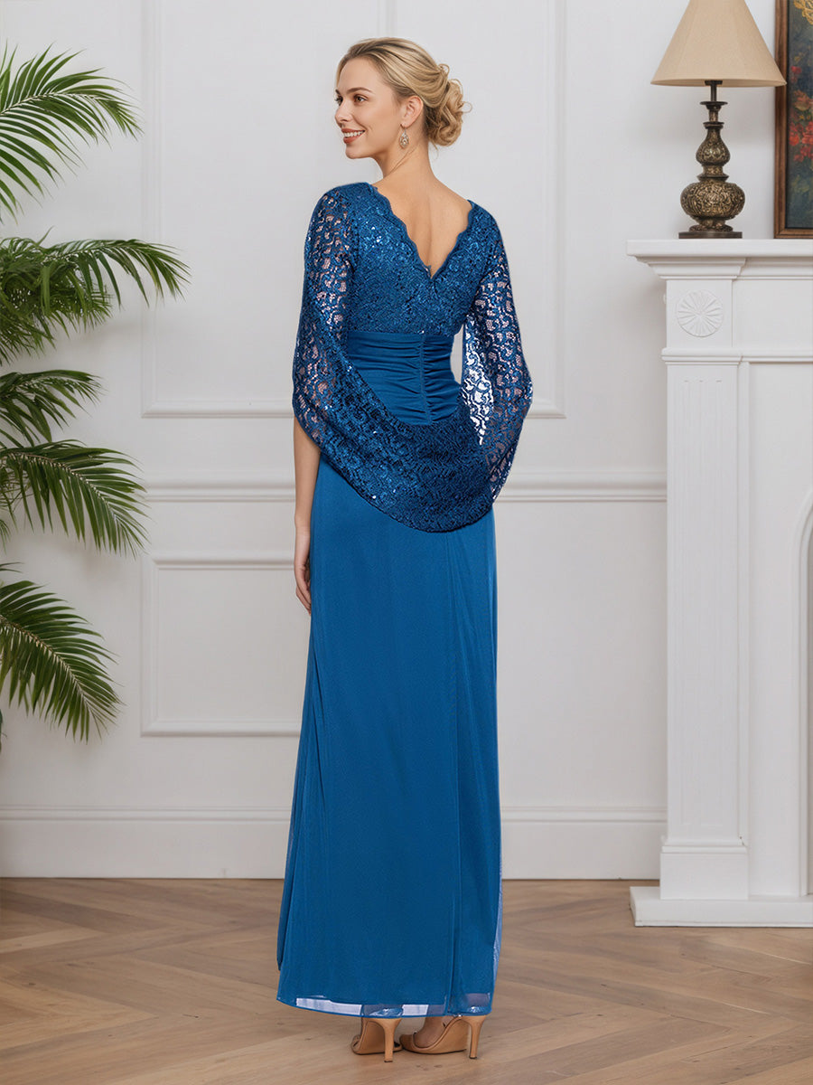 Cicinia Blue Mother Of The Bride Dresses Lace Chiffon V-Neck Floor Length Half Sleeves