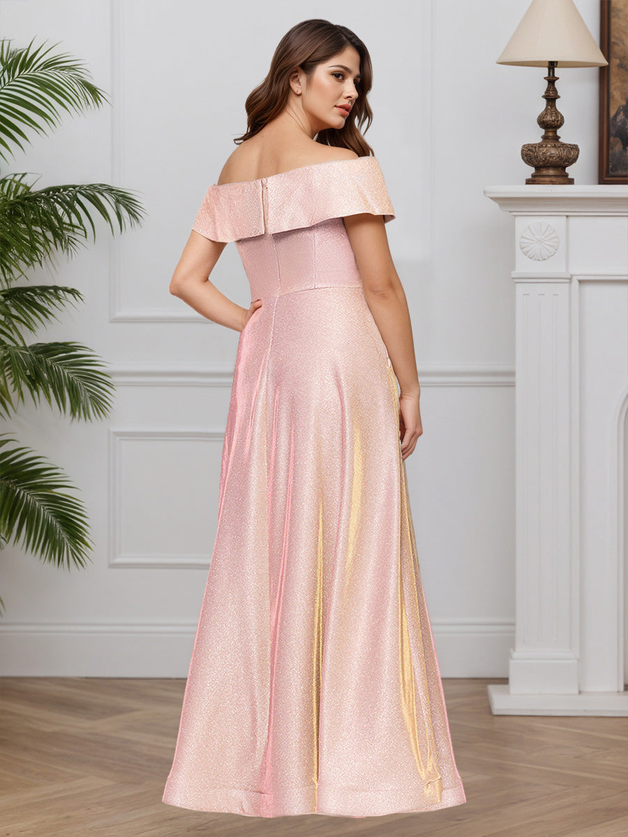 Cicinia Pink Mother Of The Bride Dresses Glitter Fabric A-Line Off The Shoulder Long Dress