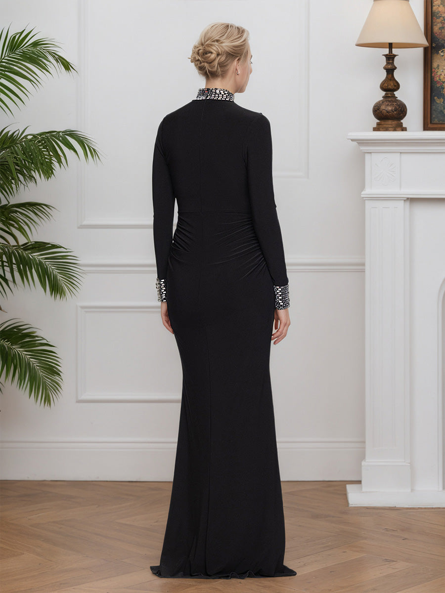 Cicinia Black Mother Of The Bride Dresses Stretch Sheath Long Sleeves Beading Evening Dresses