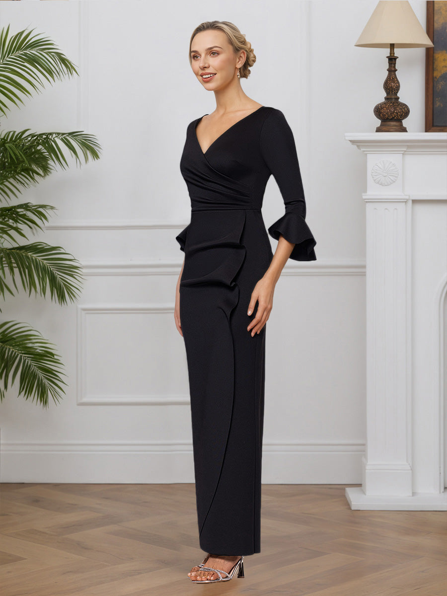 Cicinia Black Mother Of The Bride Dresses Stretch Fabric Sheath V-Neck 3/4 Trumpet Sleeves