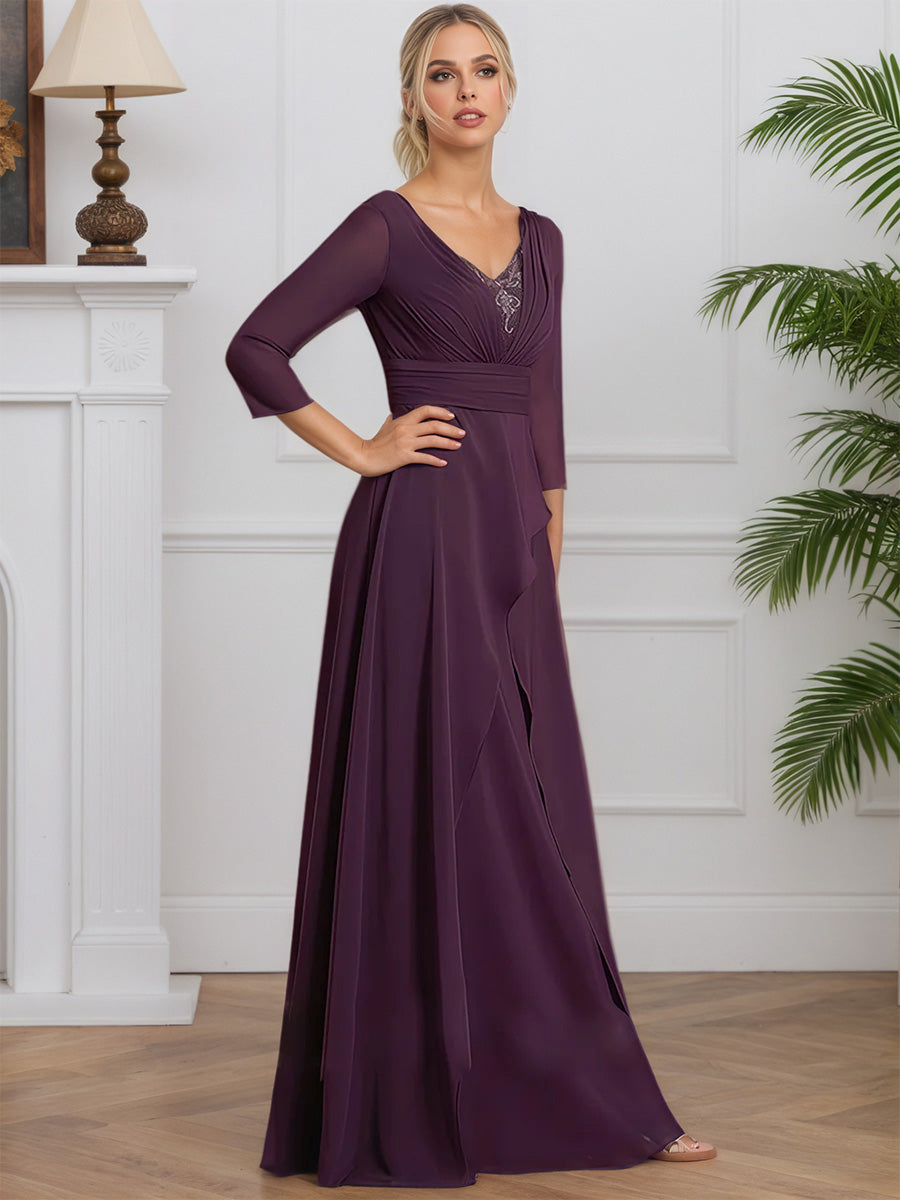 Cicinia Grape Mother Of The Bride Dresses Chiffon V-Neck 3/4 Sleeves Long A-Line