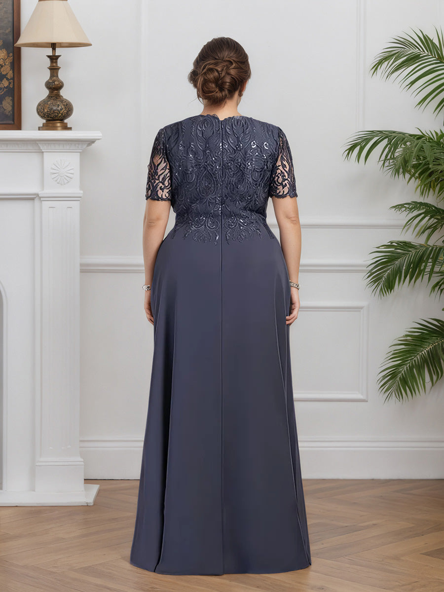 Cicinia Stormy Mother Of The Bride Dresses Chiffon Lace A-Line Zip Back Floor Length Short Sleeves Plus Size