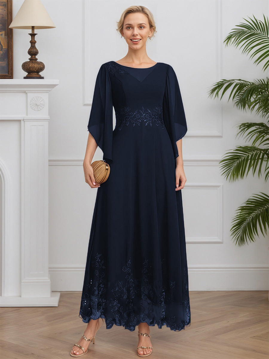 Cicinia Dark Navy Mother Of The Bride Dresses Chiffon Lace Round Neckline Long A-Line