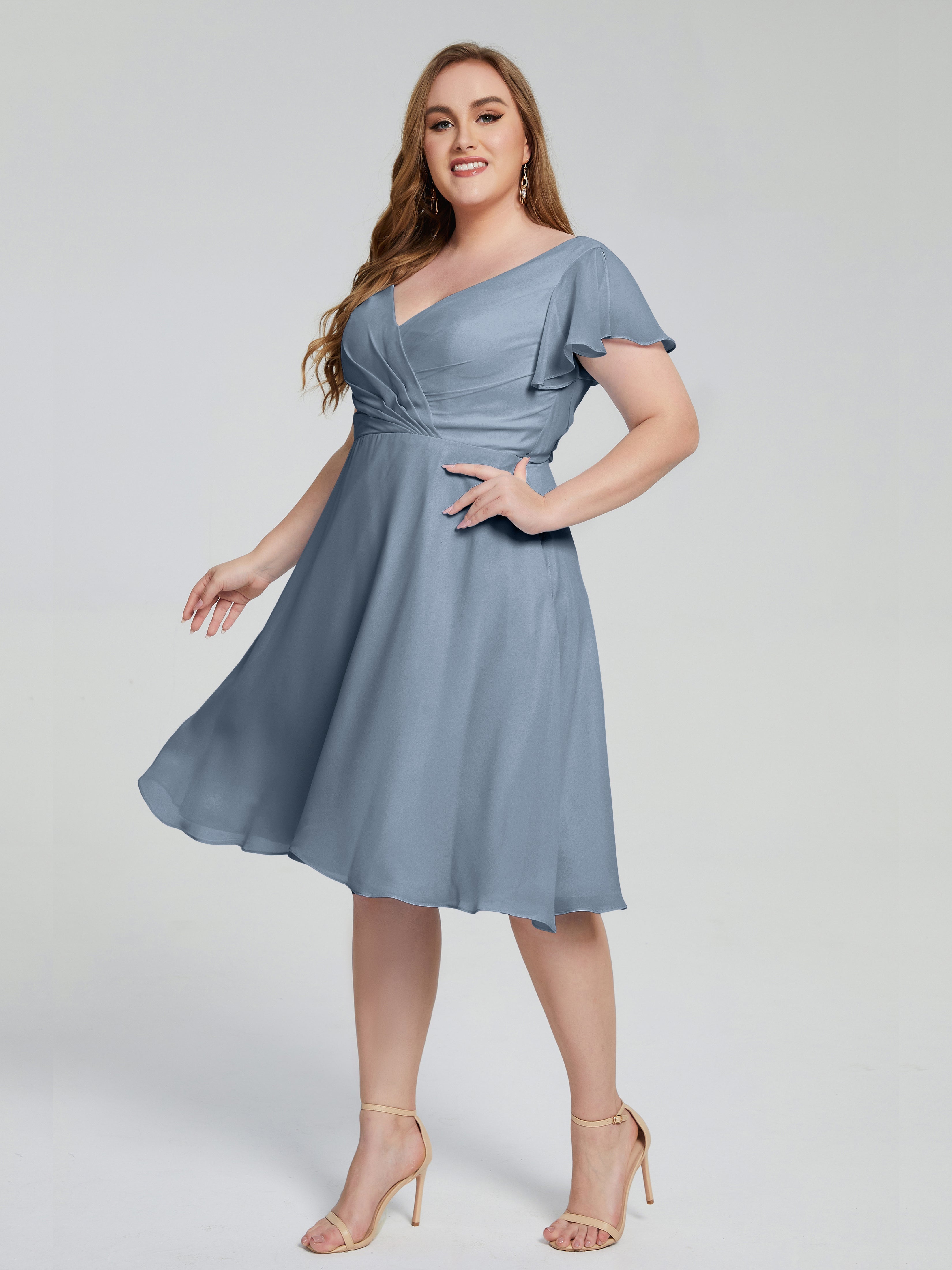 Dusty Blue Bridesmaid Dresses Uk Alina Plus Size Short Sleeves Chiffon