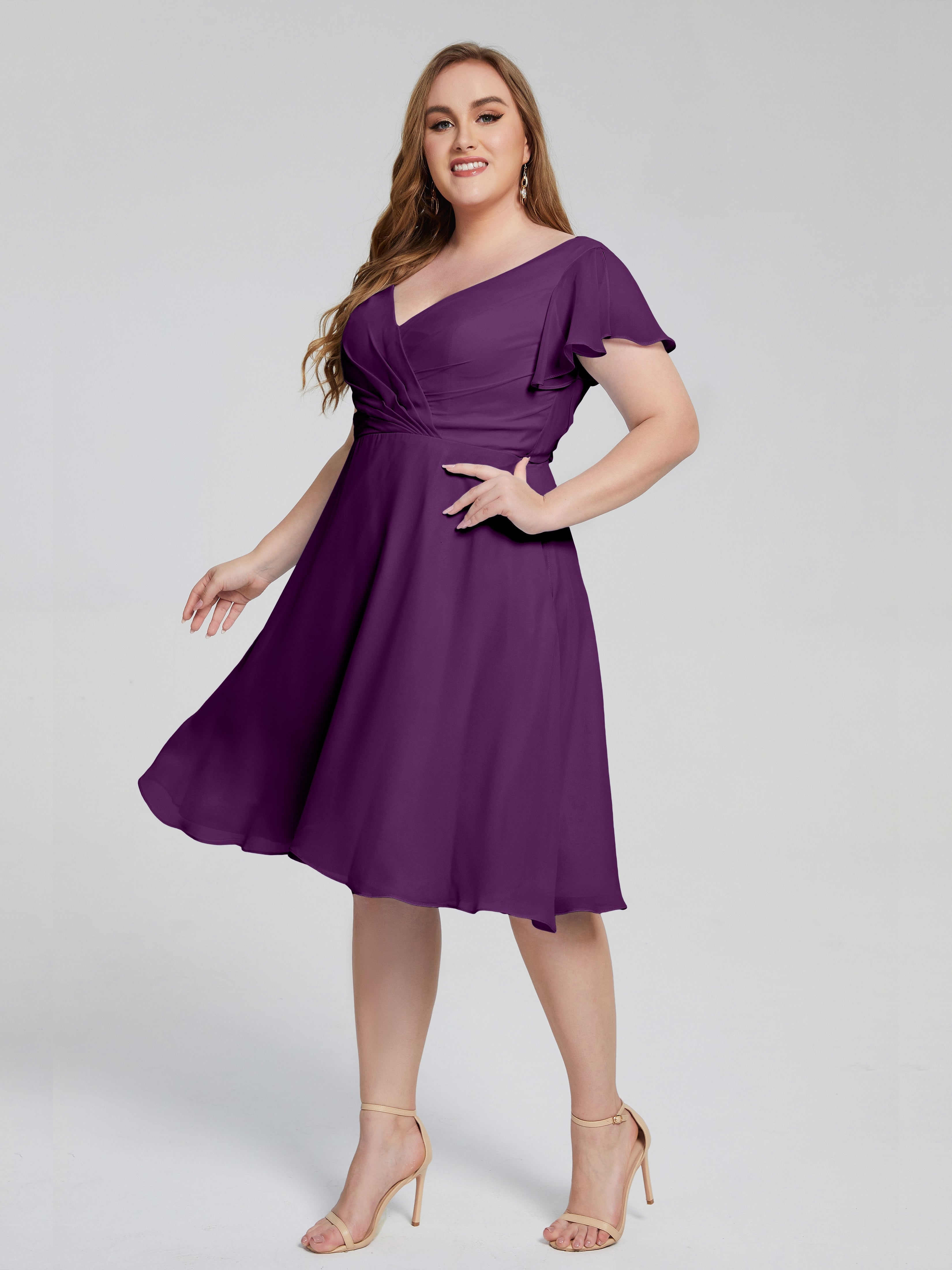 Grape Purple Bridesmaid Dresses Alina Plus Size Short Sleeves Chiffon