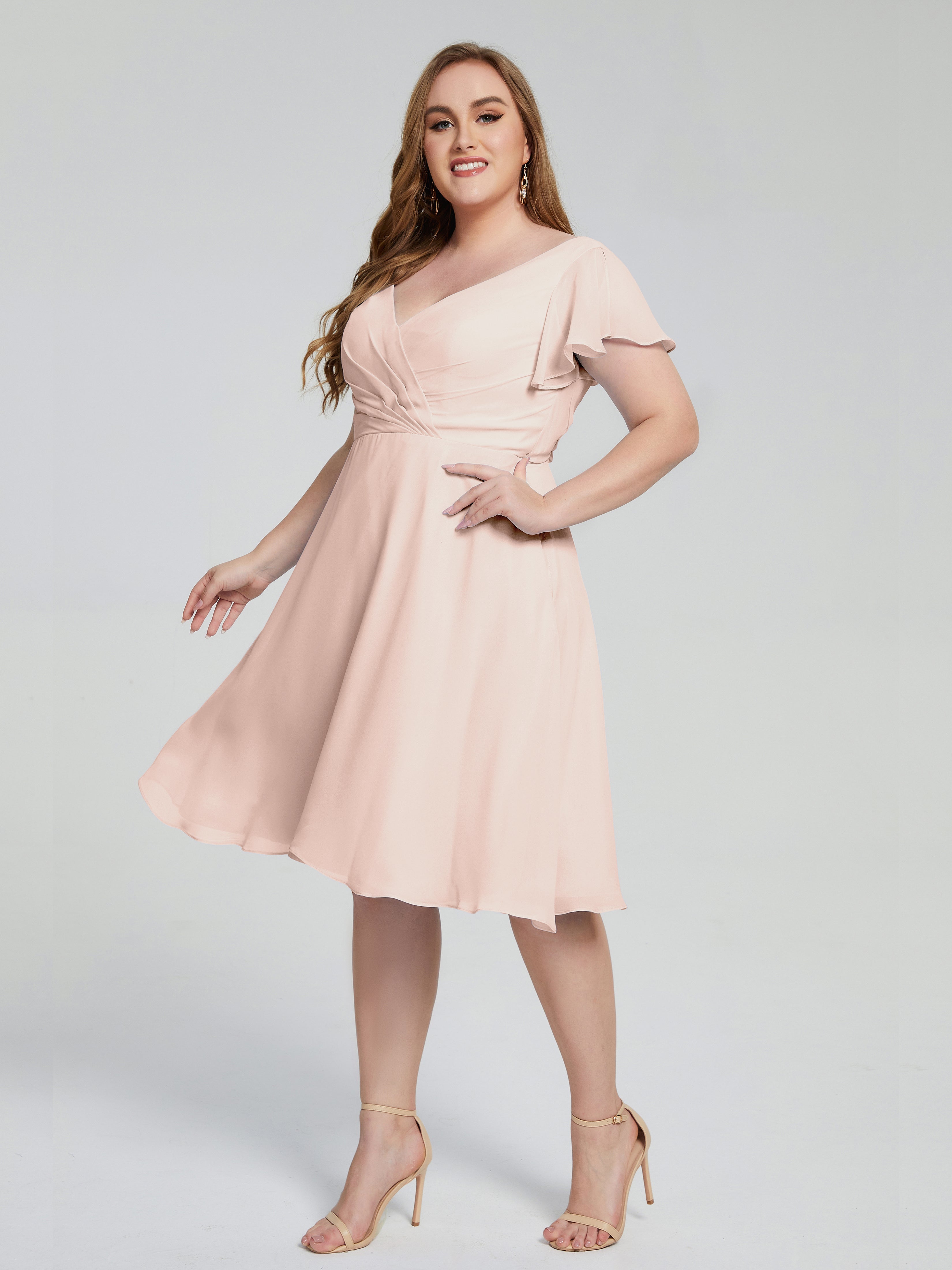 Pearl Pink Bridesmaid Dress Alina Plus Size Short Sleeves Chiffon Brid