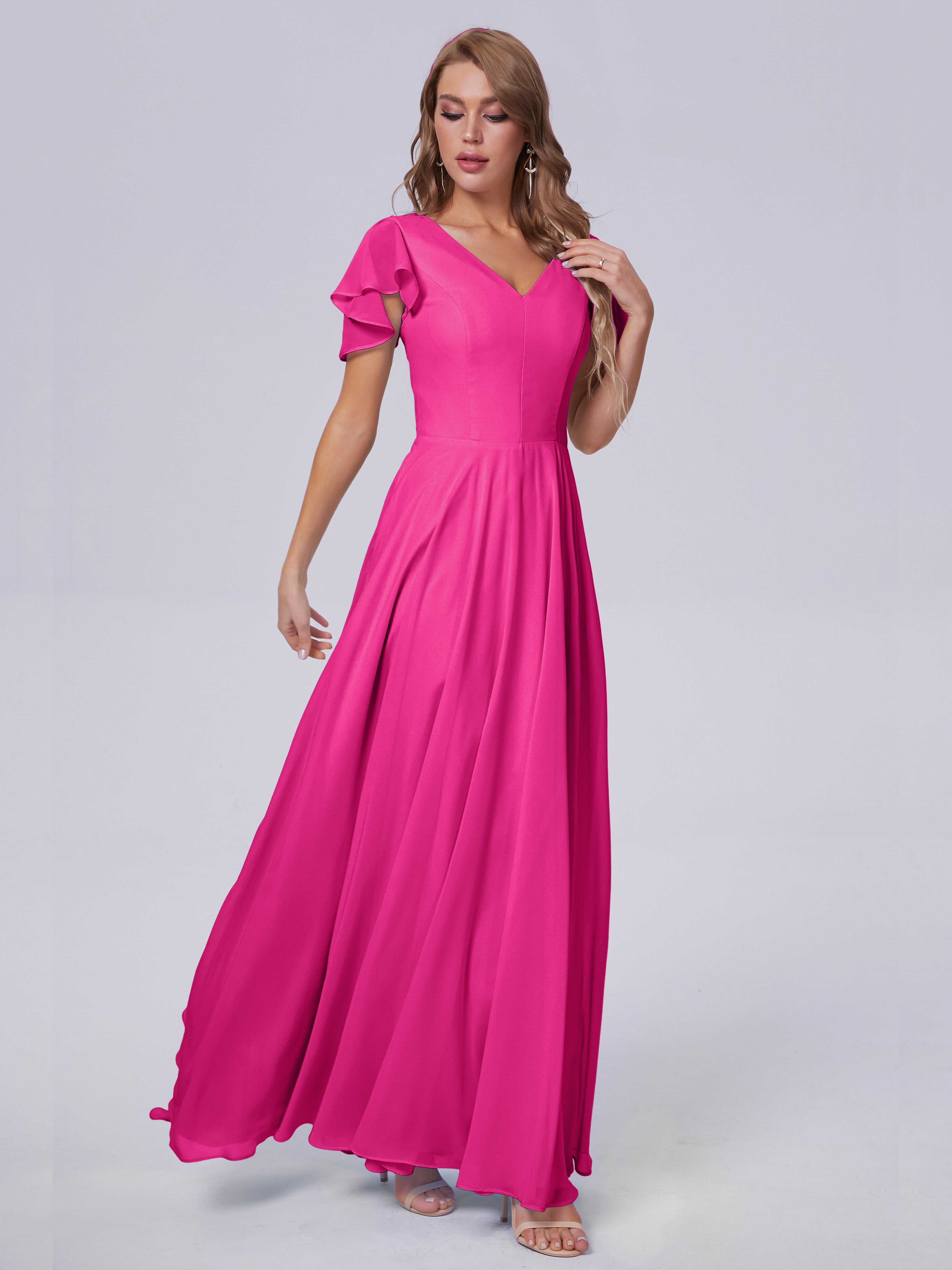 Fuchsia Pink Bridesmaid Dress Anastasia Short Sleeves Chiffon Bridesma