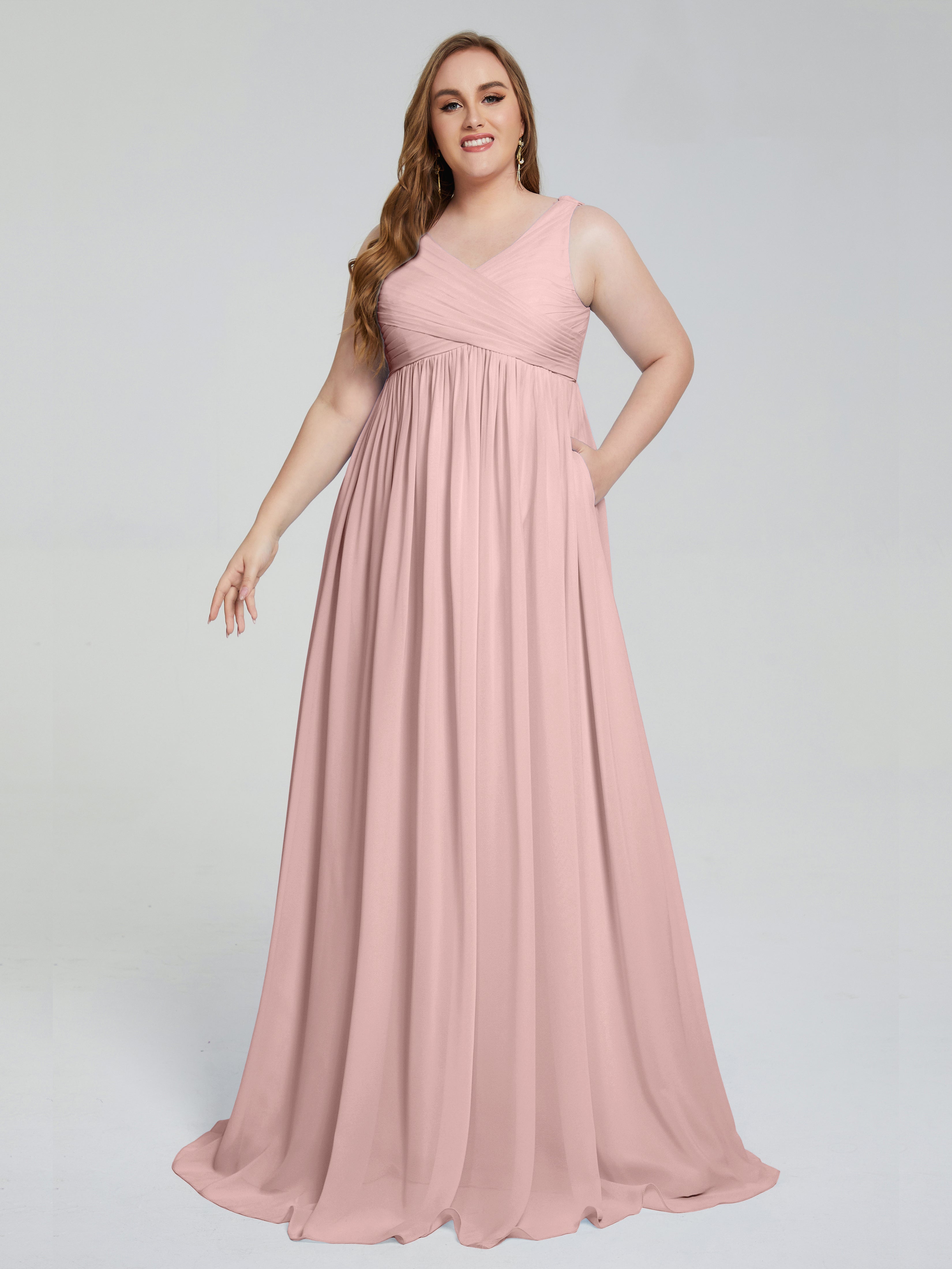 Plus Size Dusty Rose Bridesmaid Dresses Angelina Modest Straps V-Neck