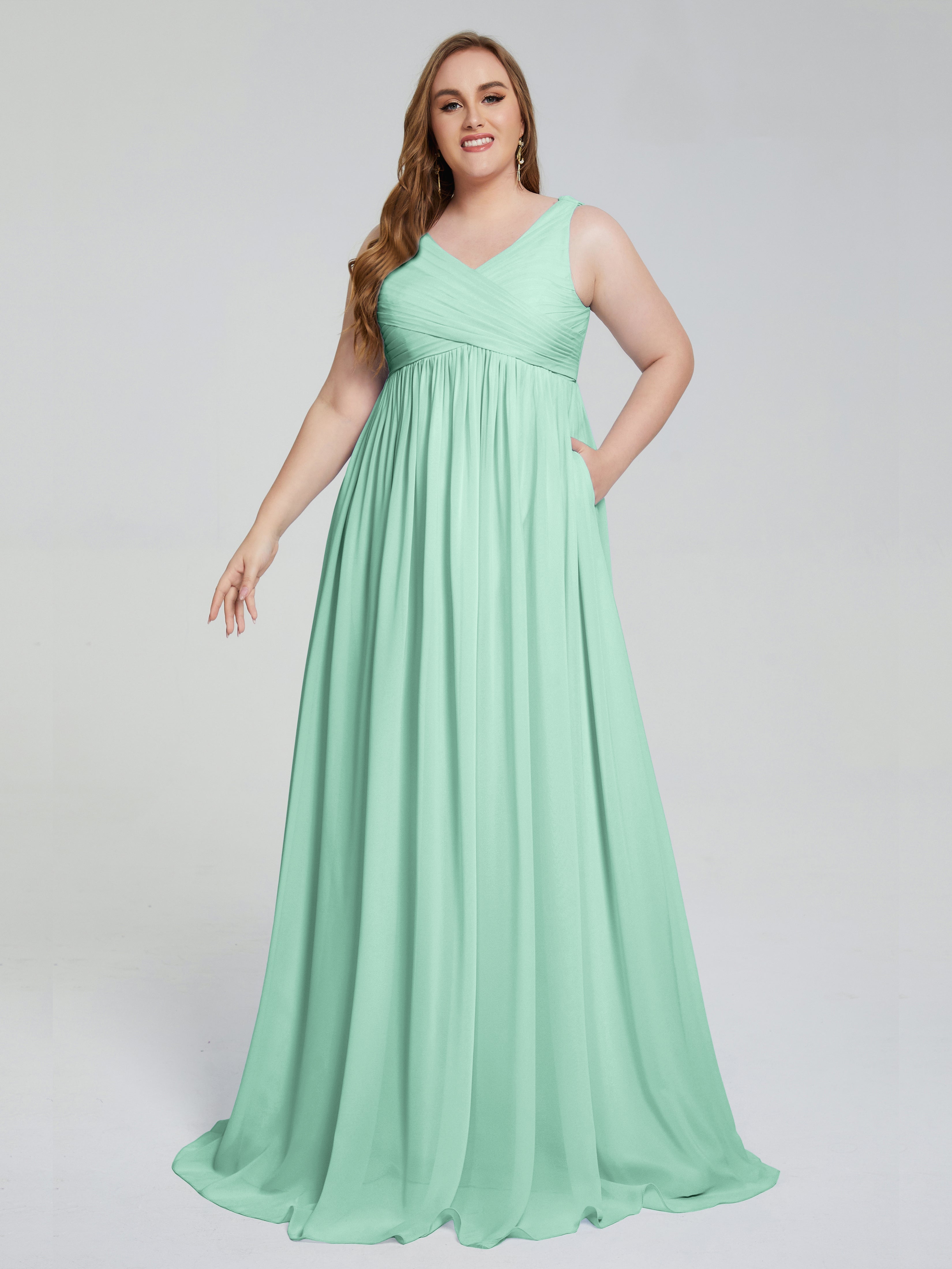 Mint Green Plus Size Bridesmaid Dresses Angelina Modest Straps V-Neck