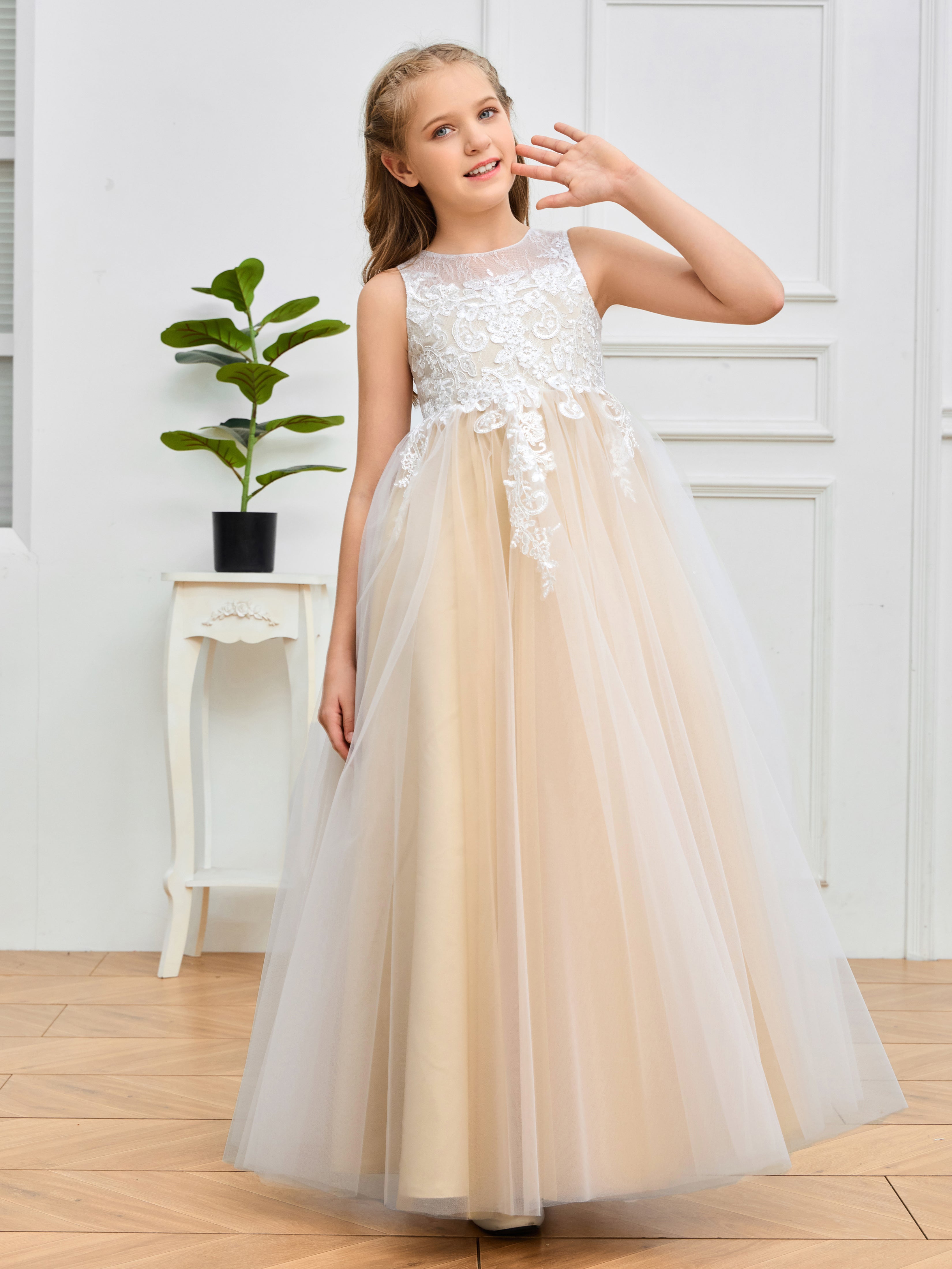Appliques Floor-Length Satin Flower Girl Dresses