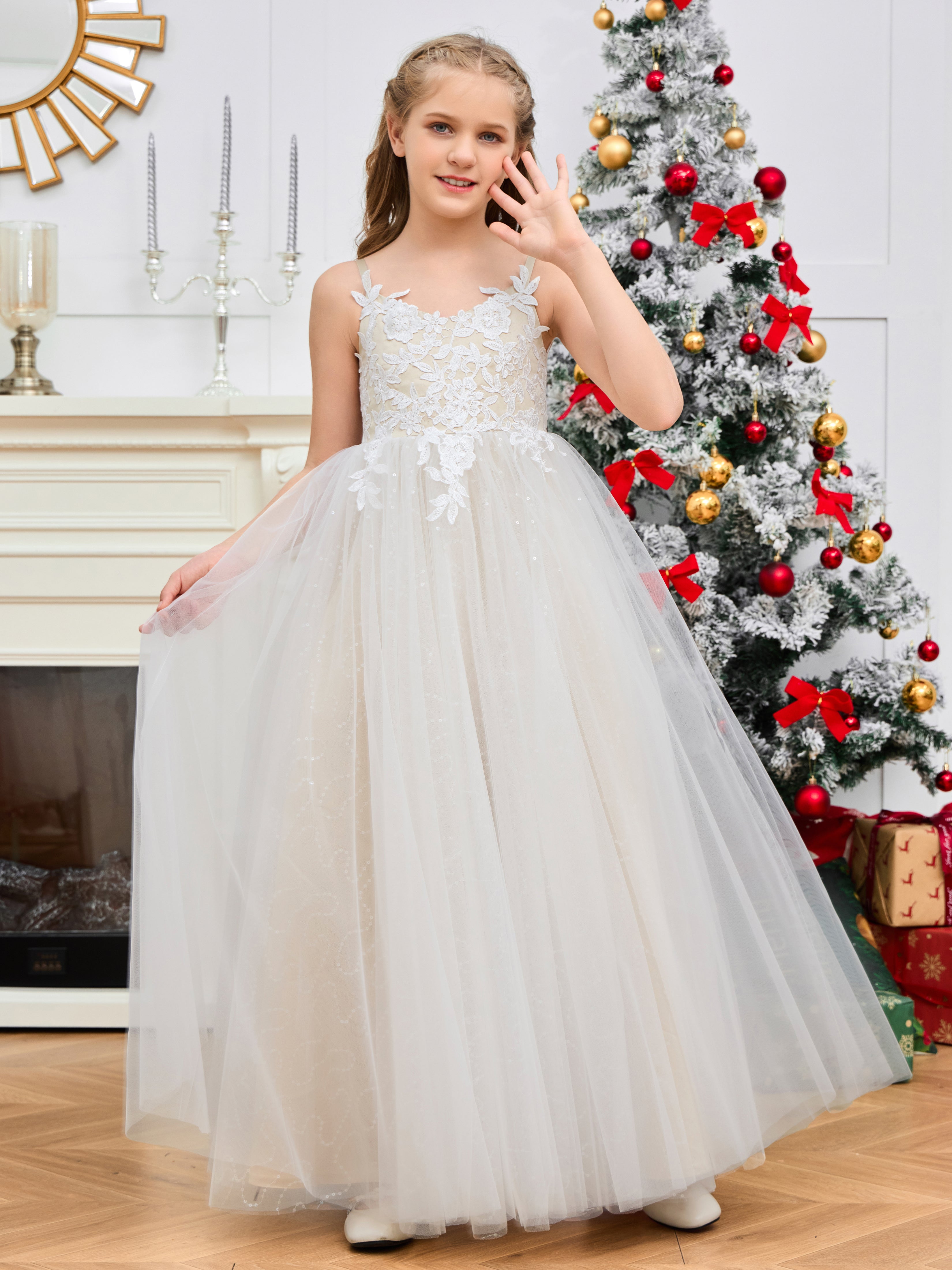 Appliques Spaghetti Straps Flower Girl Dresses