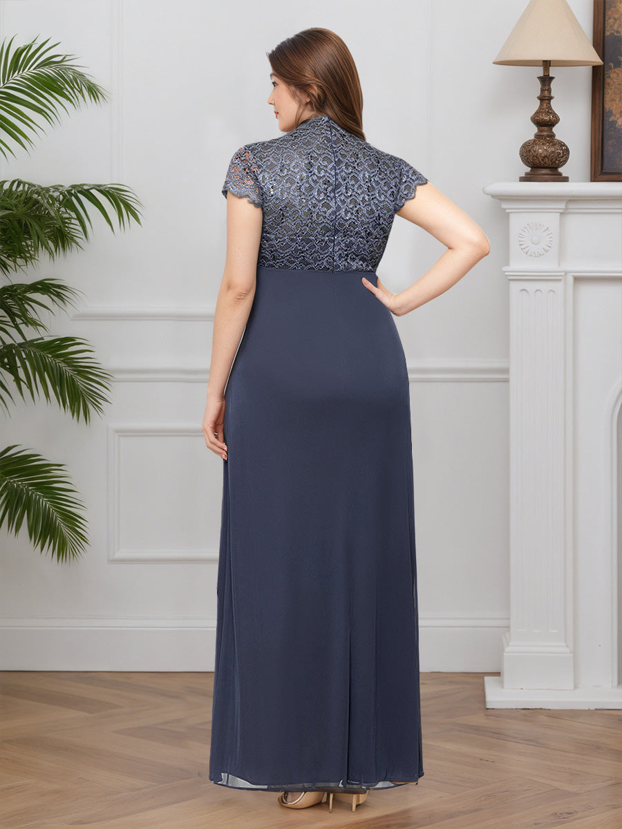 Cicinia Grey Mother Of The Bride Dresses Lace V-Neck Sheath Cap Sleeves Floor Length