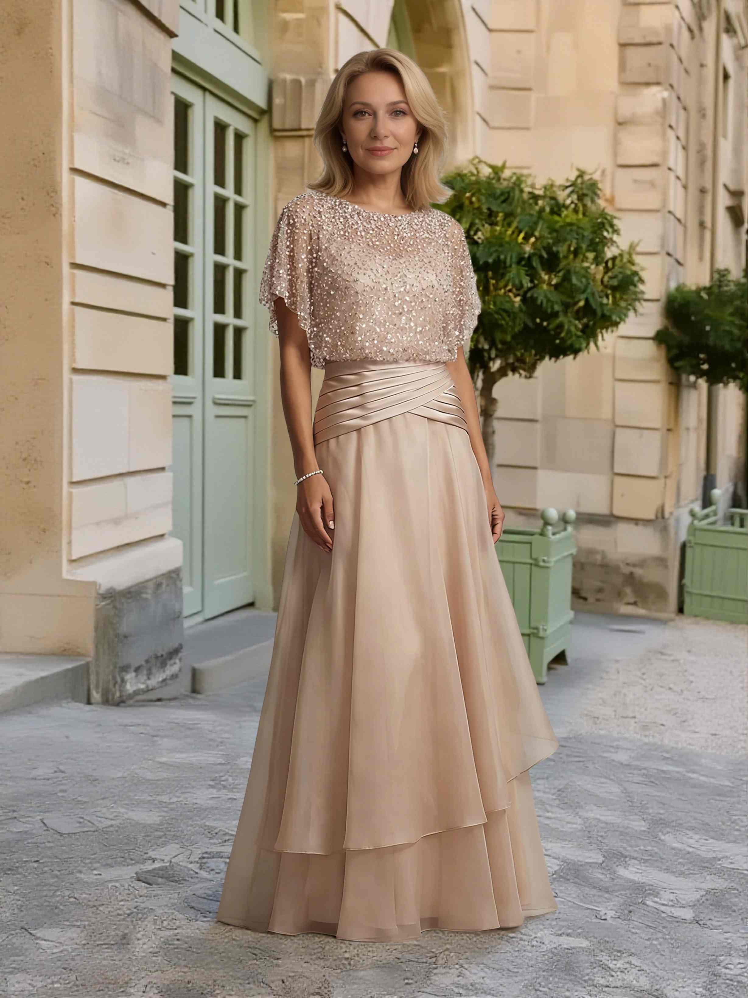Cicinia Layered Champagne Mother Of The Bride Dress Long Chiffon Sequins A-line Batwing Sleeve