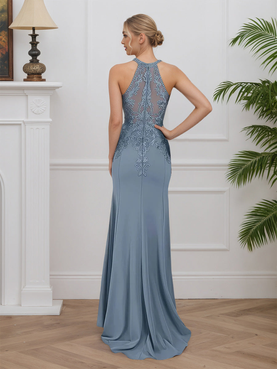 Cicinia Dusty Blue Mother Of The Bride Dresses Long Stretch Fabric Halter Sheath Sleeveless