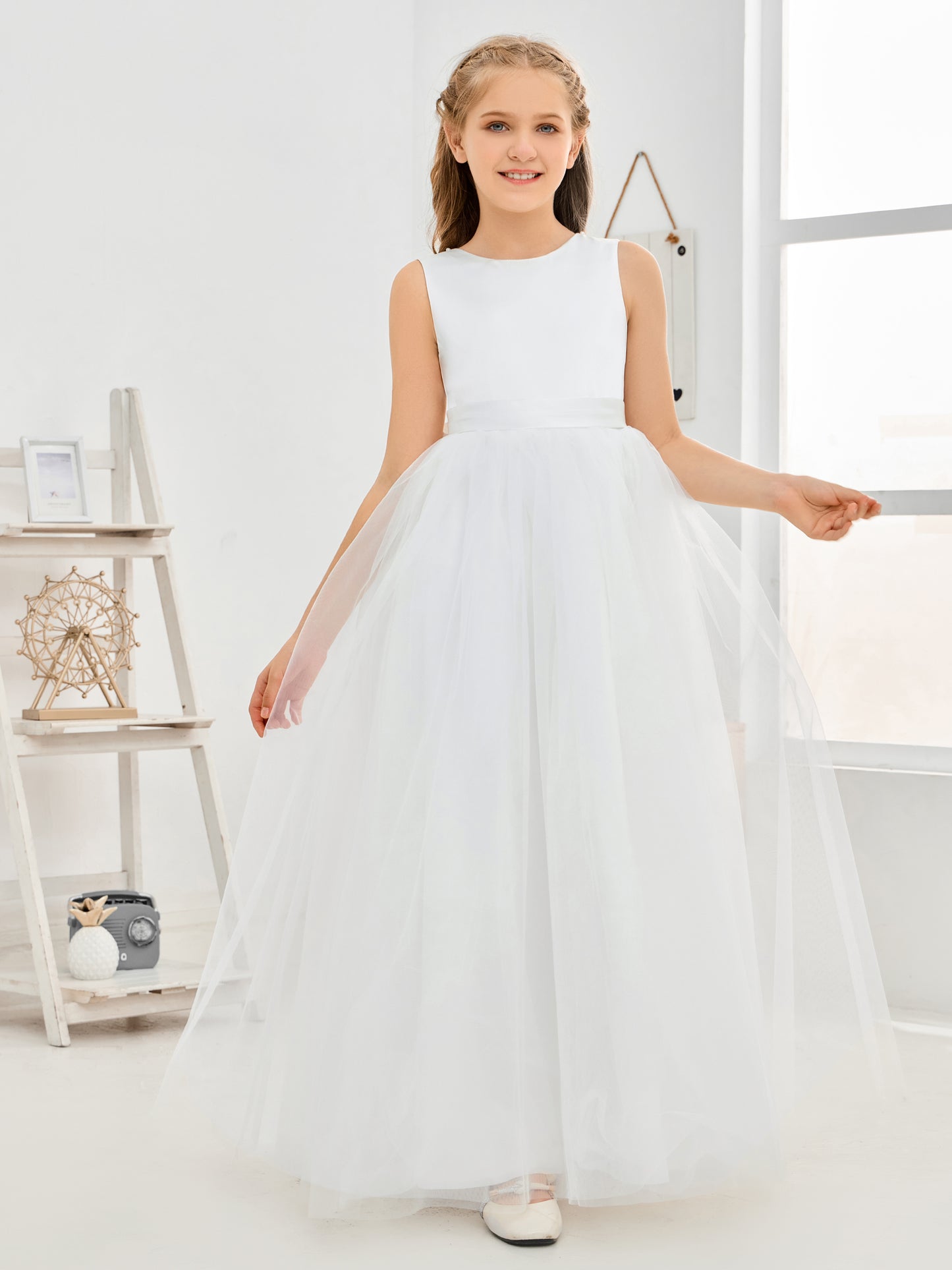 Backless Satin Tulle Junior Bridesmaid Dress