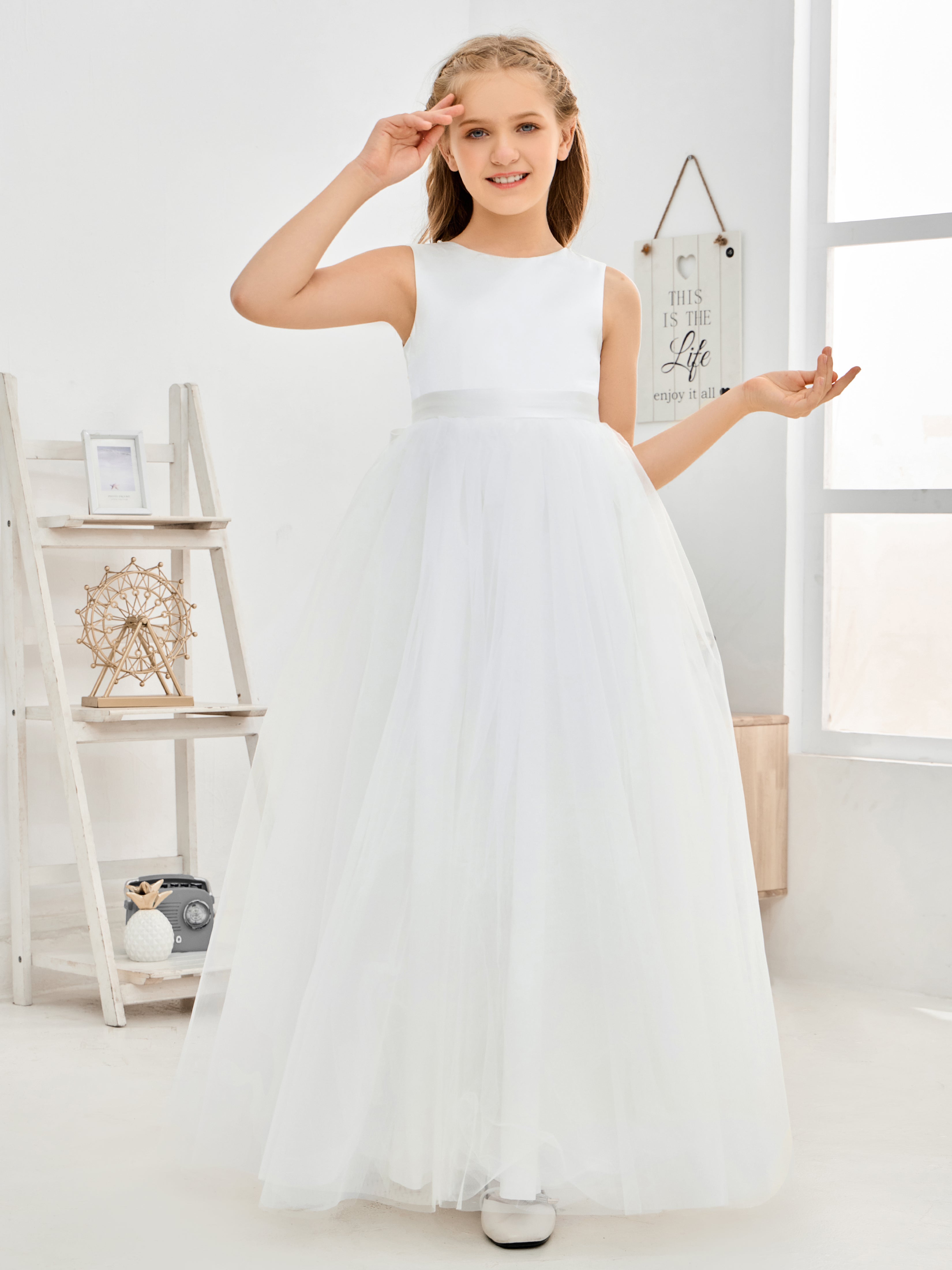 Backless Satin Tulle Flower Girl Dresses