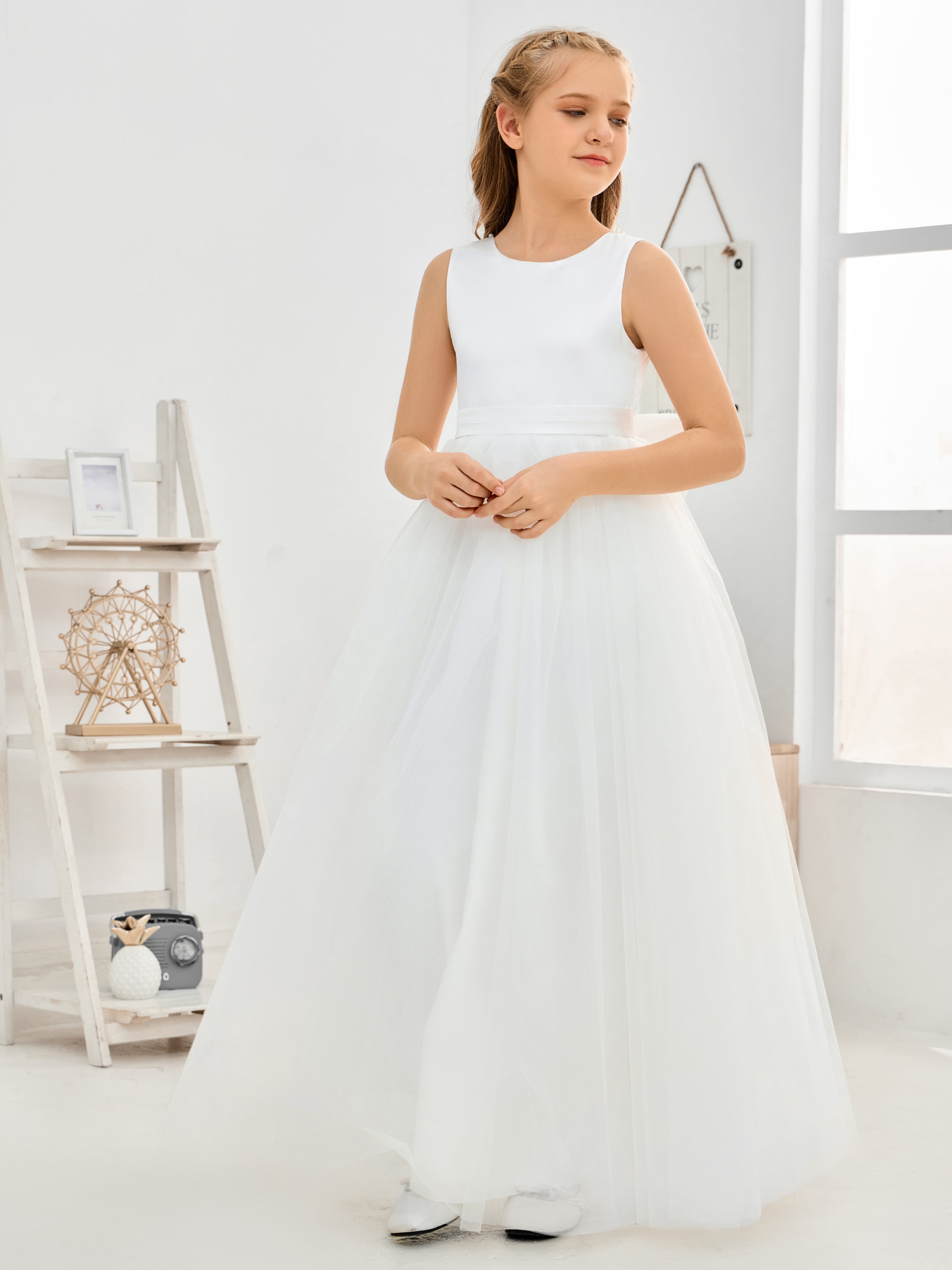 Backless Satin Tulle Flower Girl Dresses