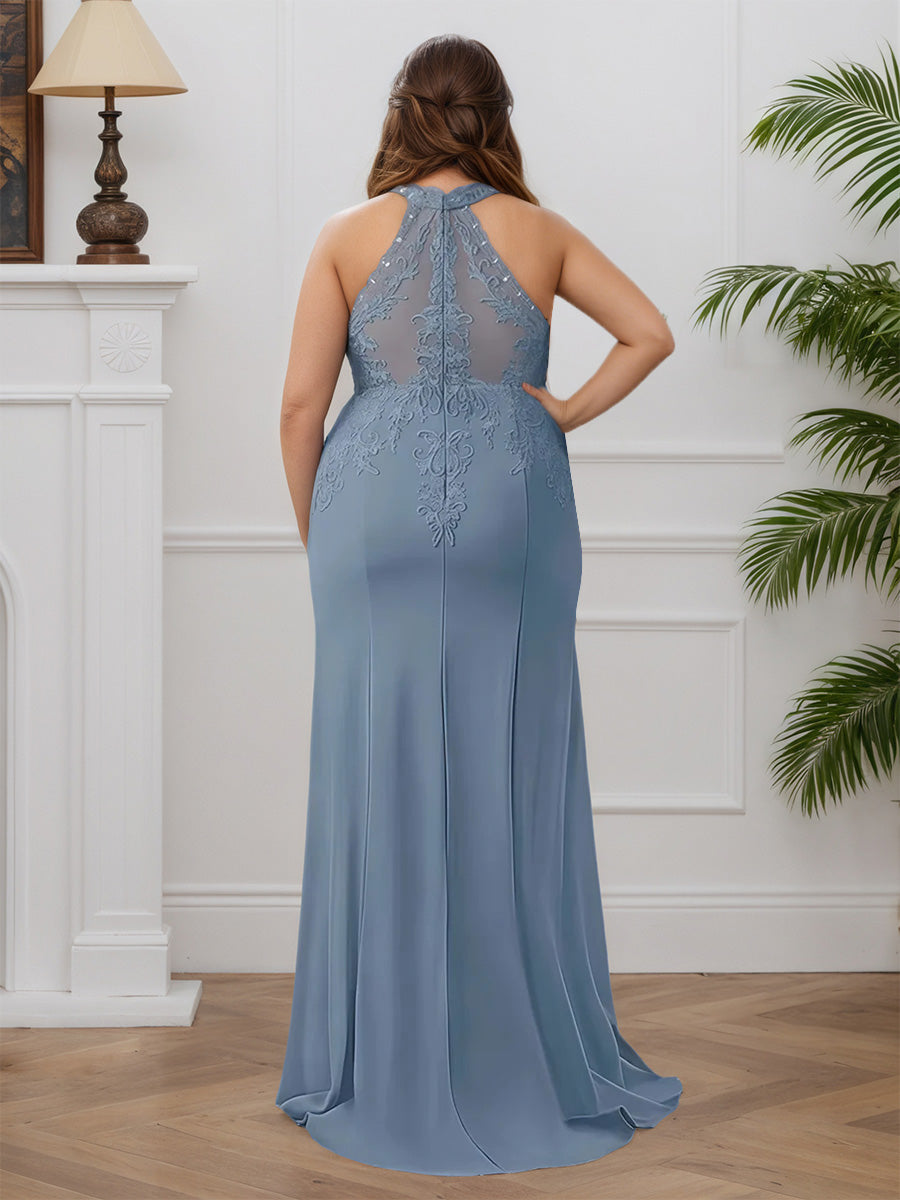 Cicinia Dusty Blue Mother Of The Bride Dresses Long Stretch Fabric Halter Sheath Sleeveless Plus Size