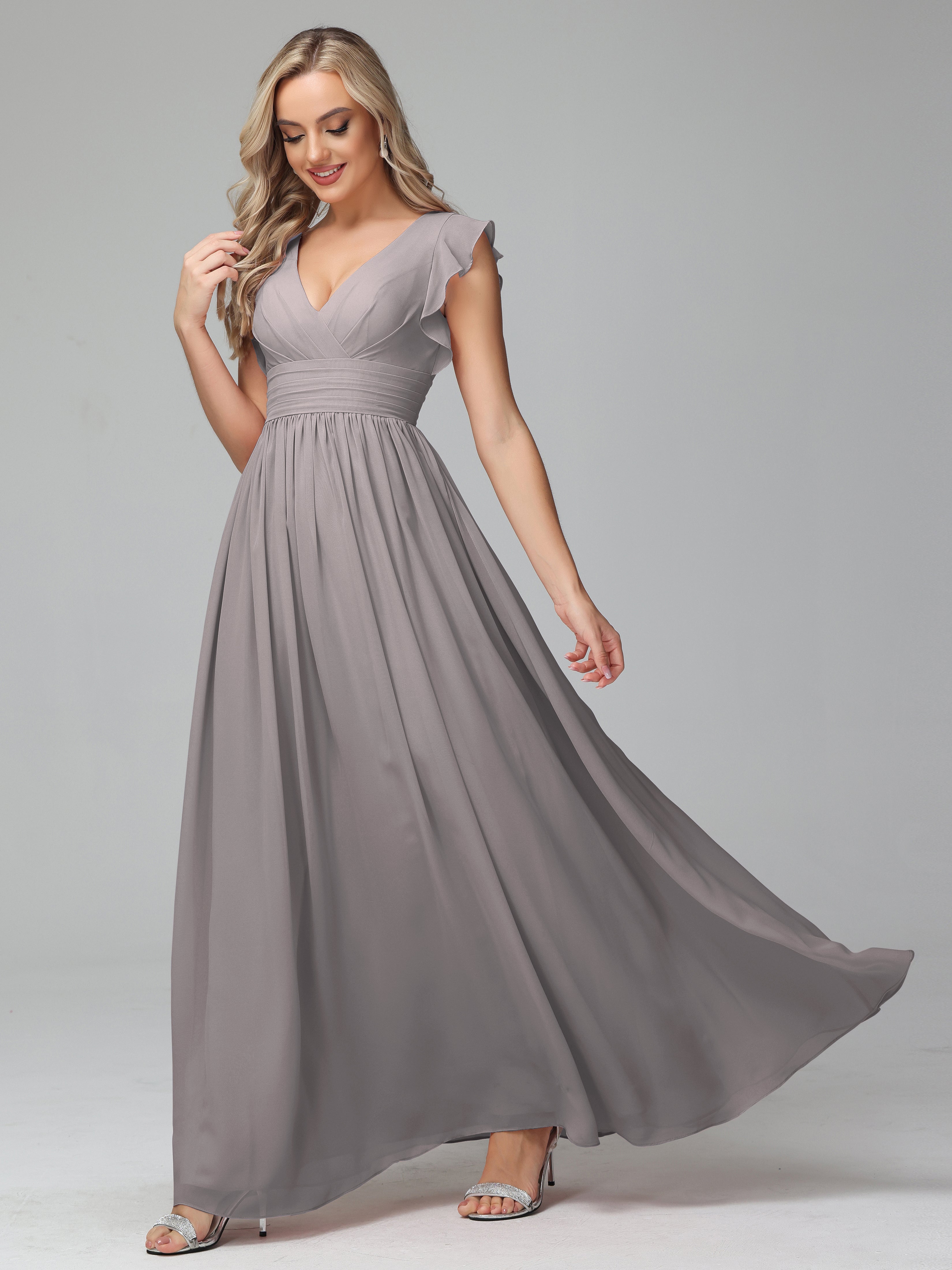 Silver Bridesmaids Dress Bonnie V-Neck Chiffon Bridesmaid Dresses With