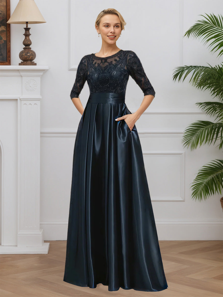Cicinia Dark Navy Mother Of The Bride Dresses Soft Satin Lace A-Line Jewel Floor Length