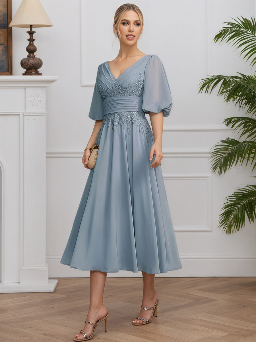 Cicinia Dusty Blue Mother Of The Bride Dresses Chiffon Lace A-Line Puffed Sleeves Tea Length