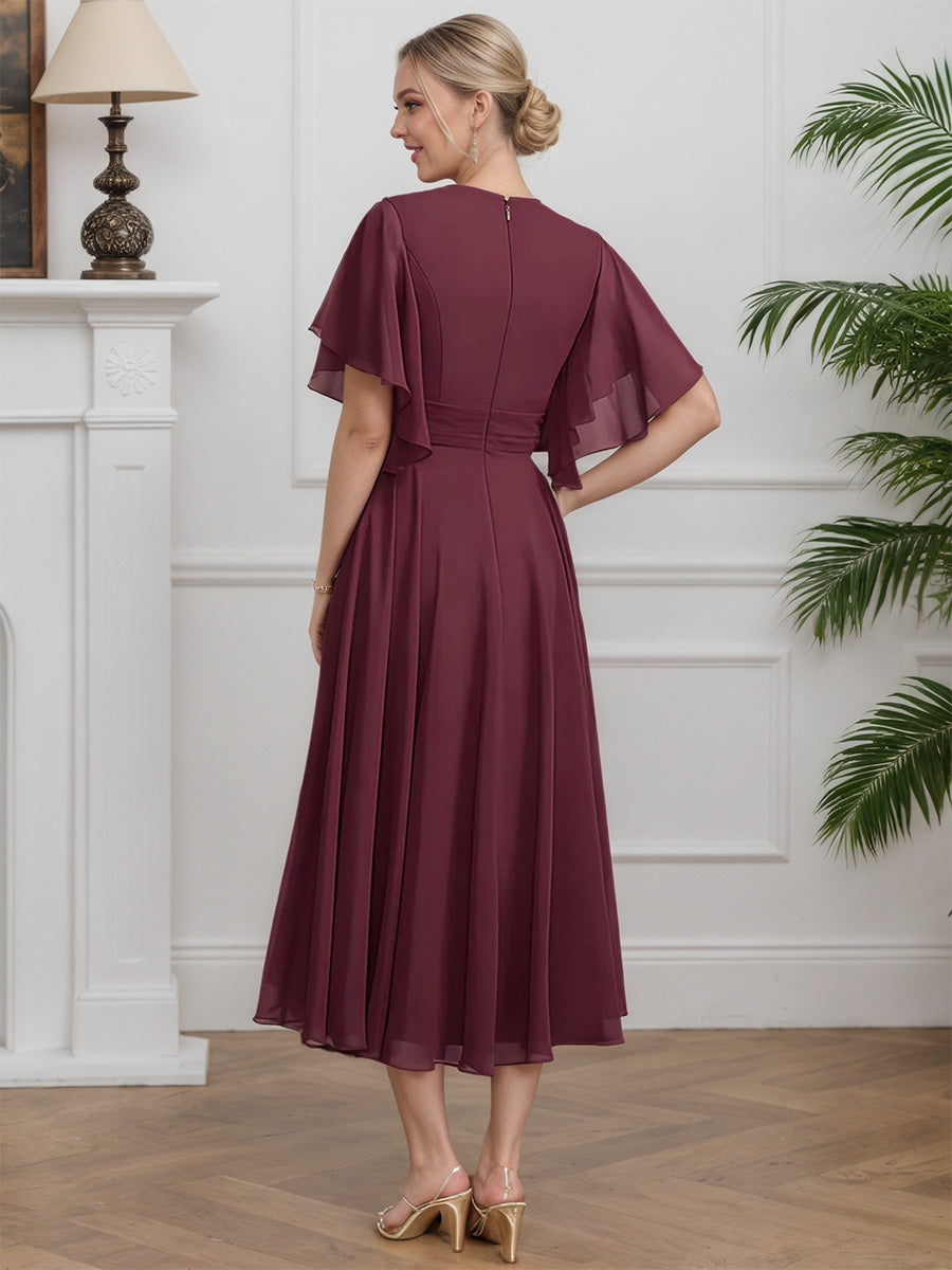 Cicinia Mulberry Mother Of The Bride Dresses Chiffon A-Line Short Sleeves Tea Length V-Neck