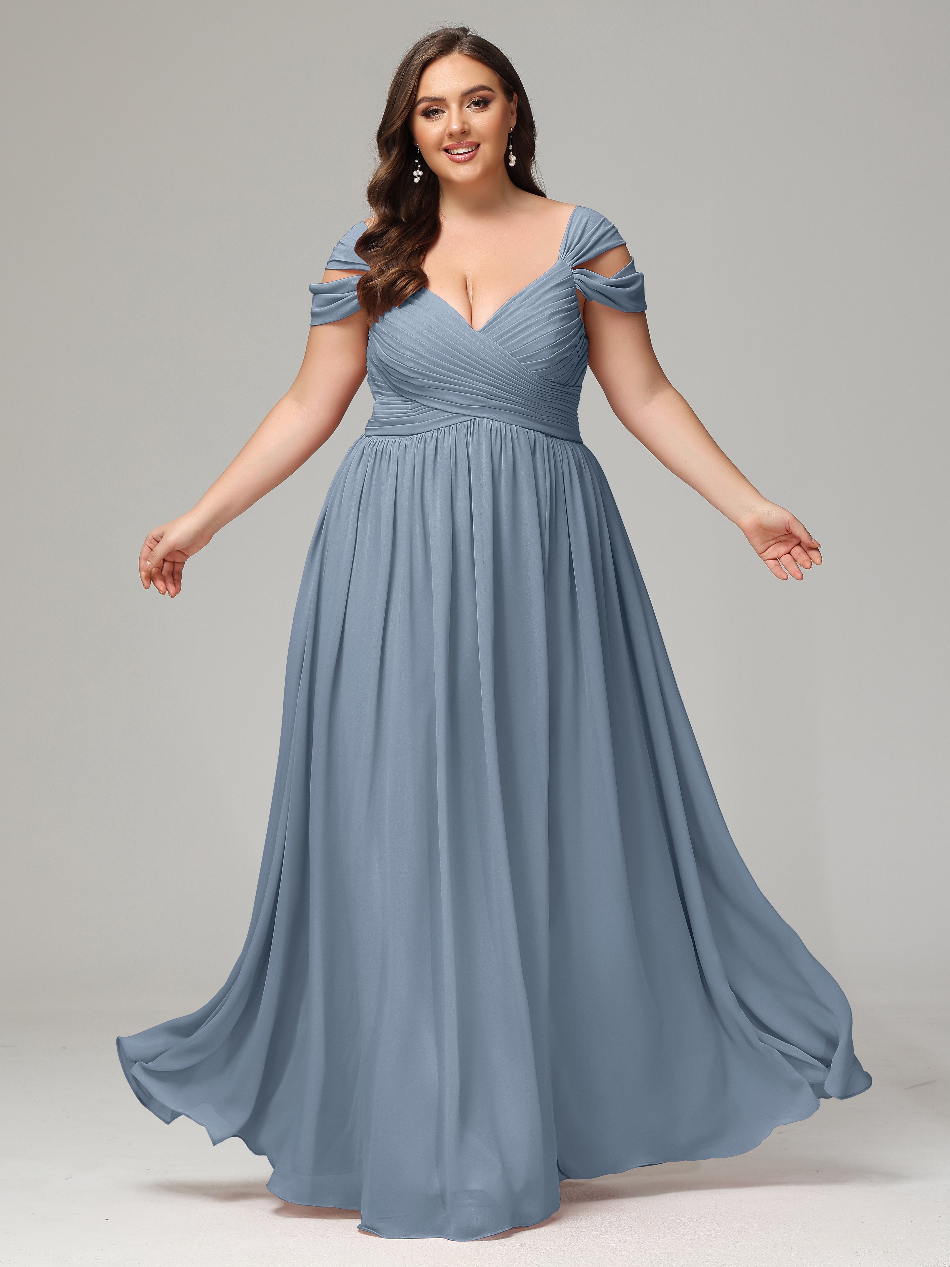 Long Dusty Blue Bridesmaid Dress Cap Sleeves Chiffon With Split Dress